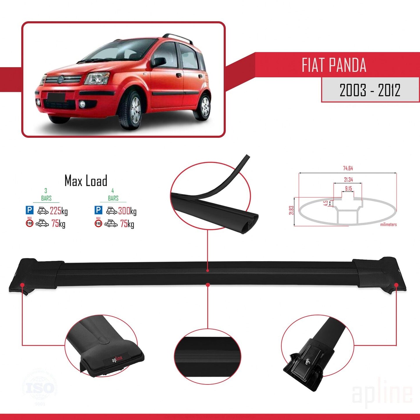 Compatible avec Fiat Panda 2 (169) 2003-2012 FLY Model Barres de Toit Railing Porte-Bagages de Voiture Noir Aluminium 3 Barres