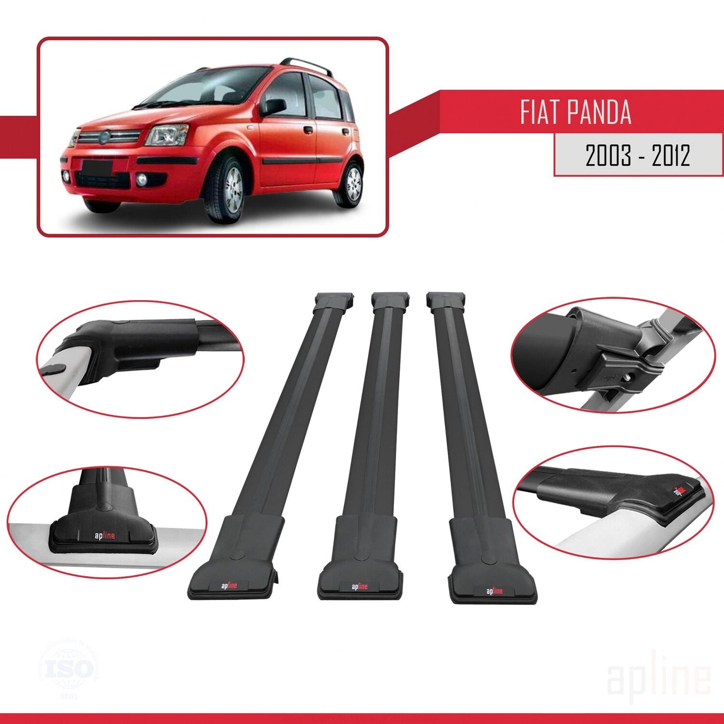 Compatible avec Fiat Panda 2 (169) 2003-2012 FLY Model Barres de Toit Railing Porte-Bagages de Voiture Noir Aluminium 3 Barres