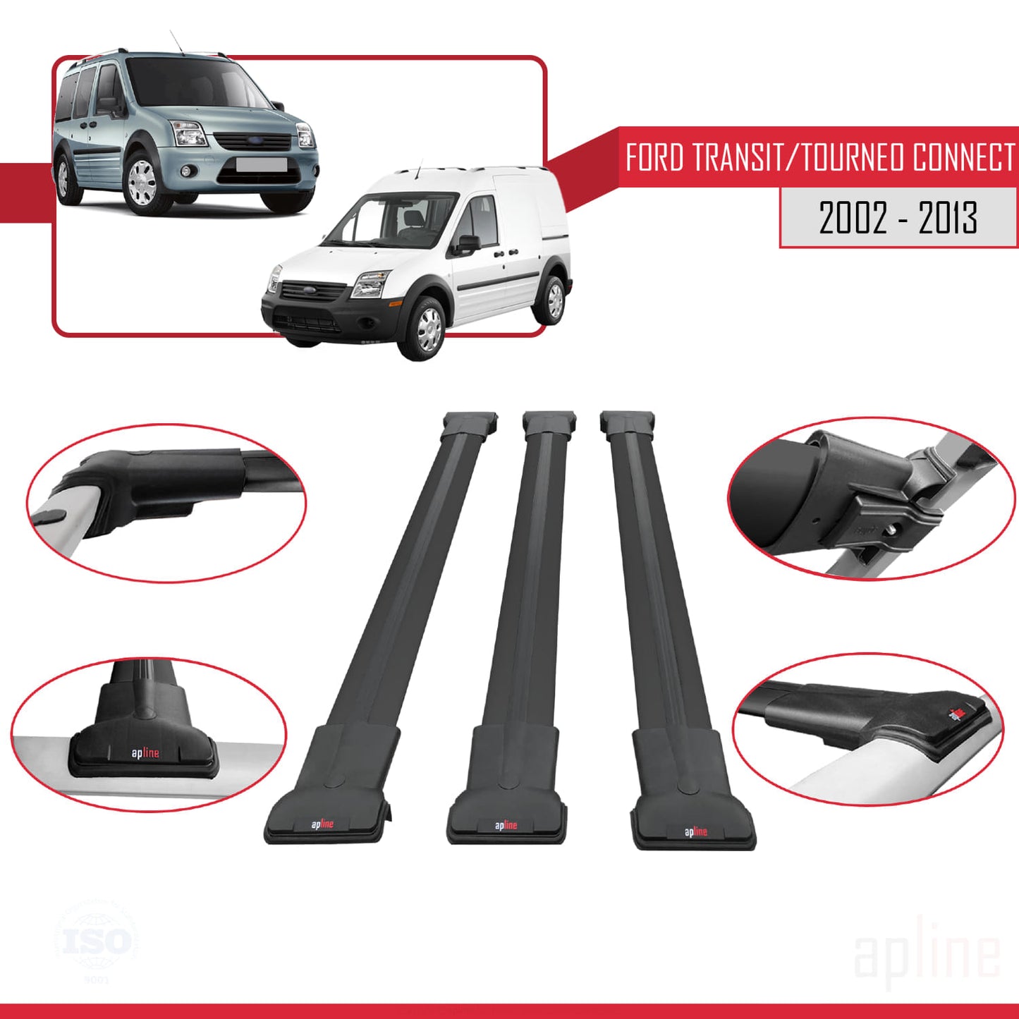 Compatibile con Ford Transit/Tourneo Connect 2002-2013 FLY Model Barre Tetto Portapacchi Auto Barre Portatutto Nero Alluminio 3 Barre