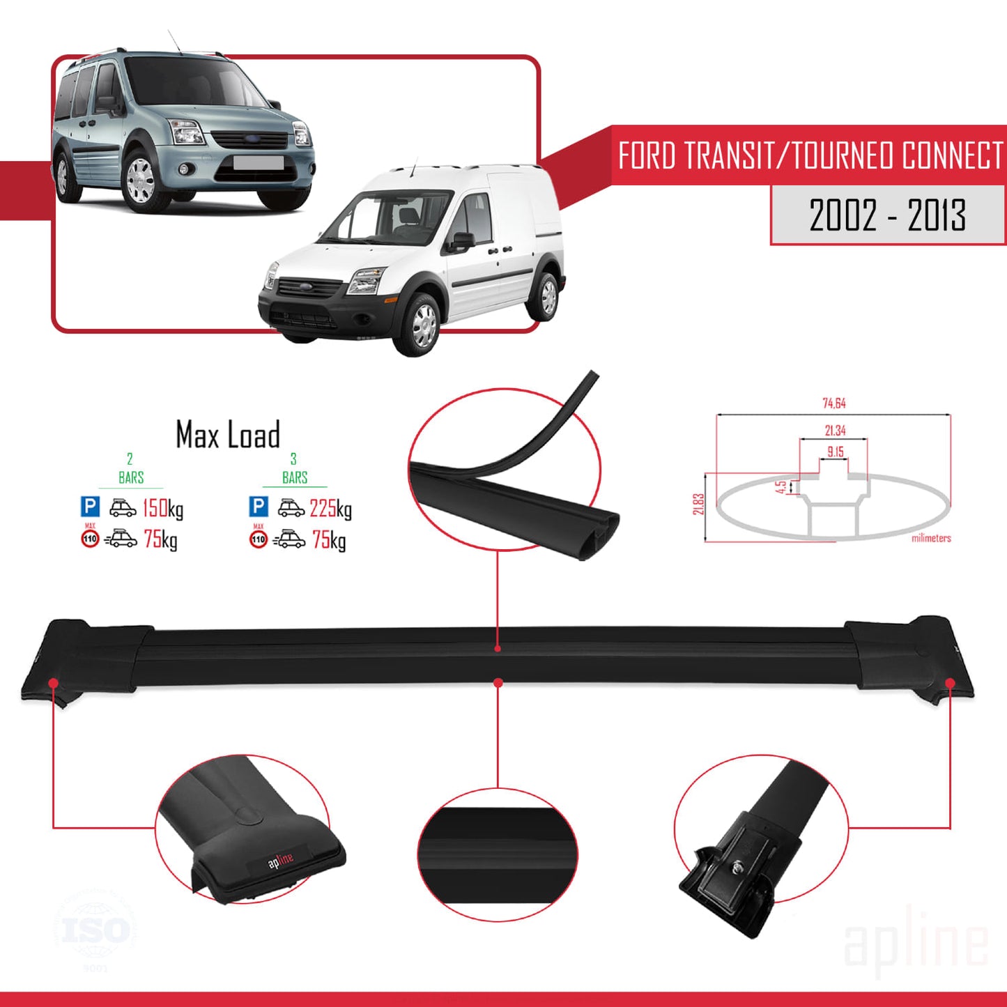 Compatibile con Ford Transit/Tourneo Connect 2002-2013 FLY Model Barre Tetto Portapacchi Auto Barre Portatutto Nero Alluminio 2 Barre