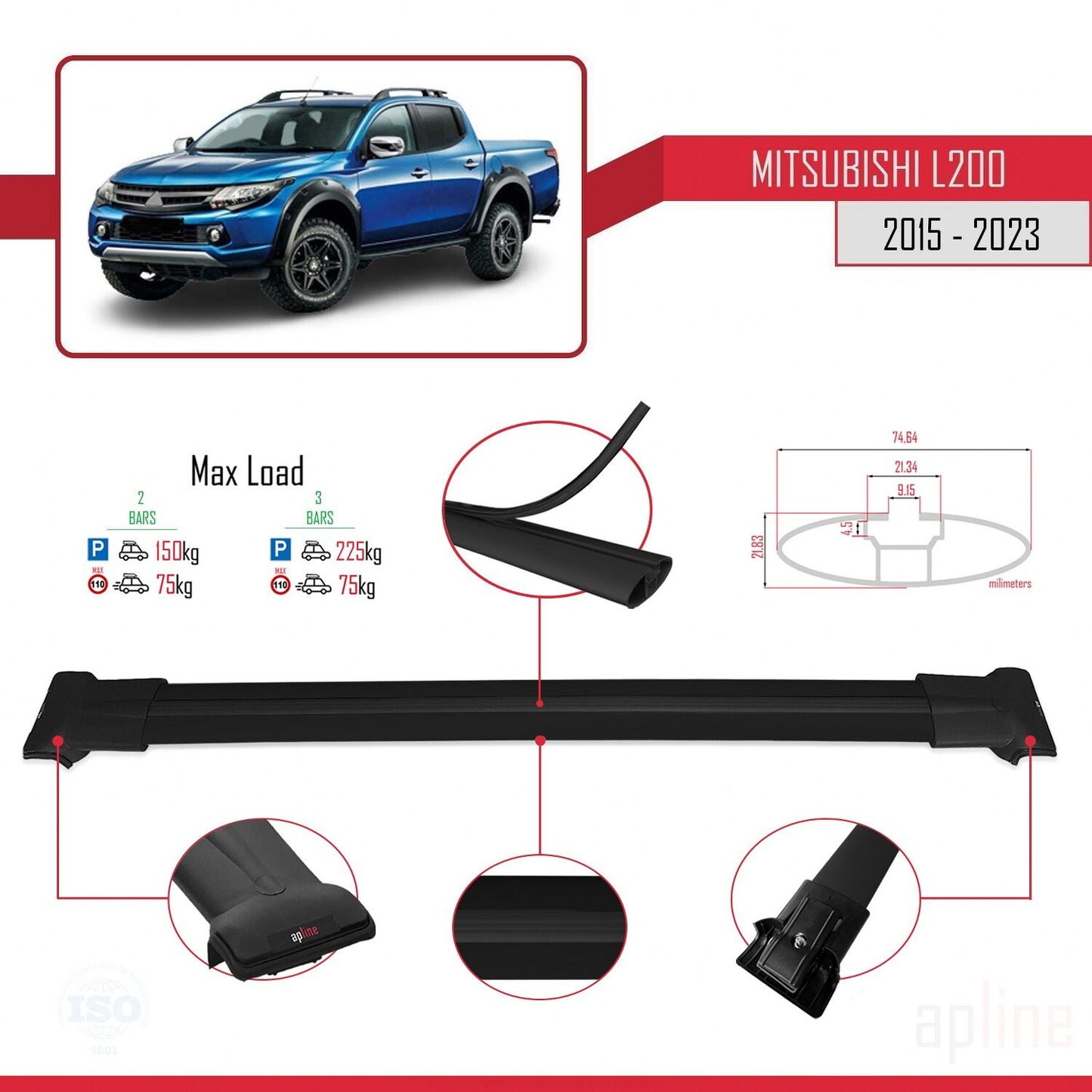Compatibile con Mitsubishi L200 V 2015-2023 FLY Model Barre Tetto Portapacchi Auto Barre Portatutto Nero Alluminio 2 Barre