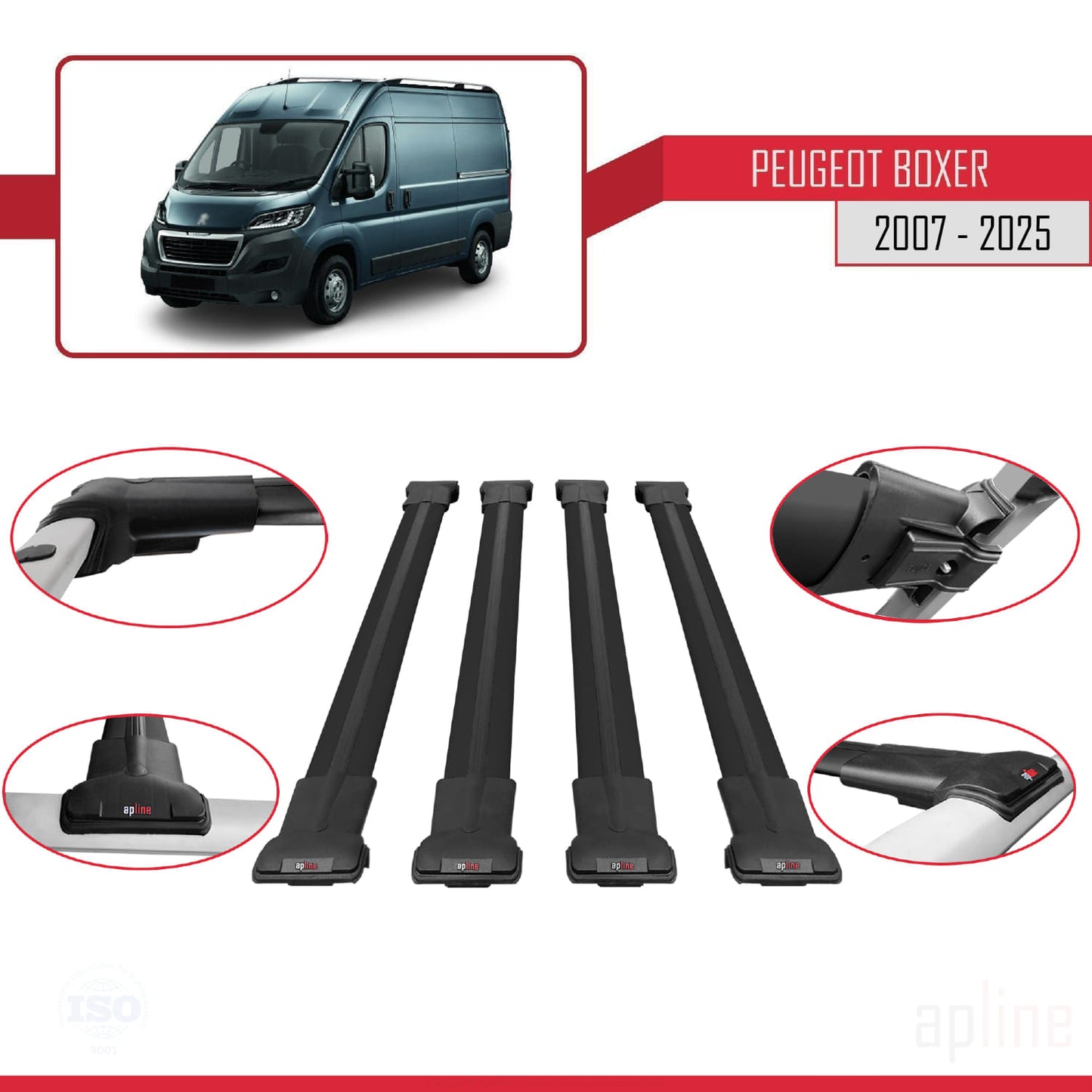 Compatible avec Peugeot Boxer 2 2007-2025 FLY Model Barres de Toit Railing Porte-Bagages de Voiture Noir Aluminium 4 Barres