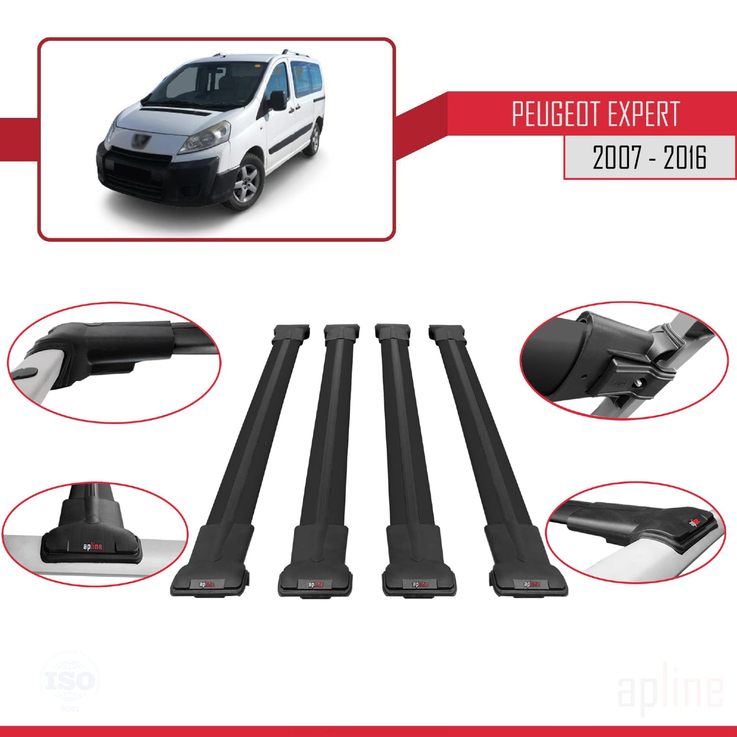 Compatible avec Peugeot Expert 2 2007-2016 FLY Model Barres de Toit Railing Porte-Bagages de Voiture Noir Aluminium 4 Barres