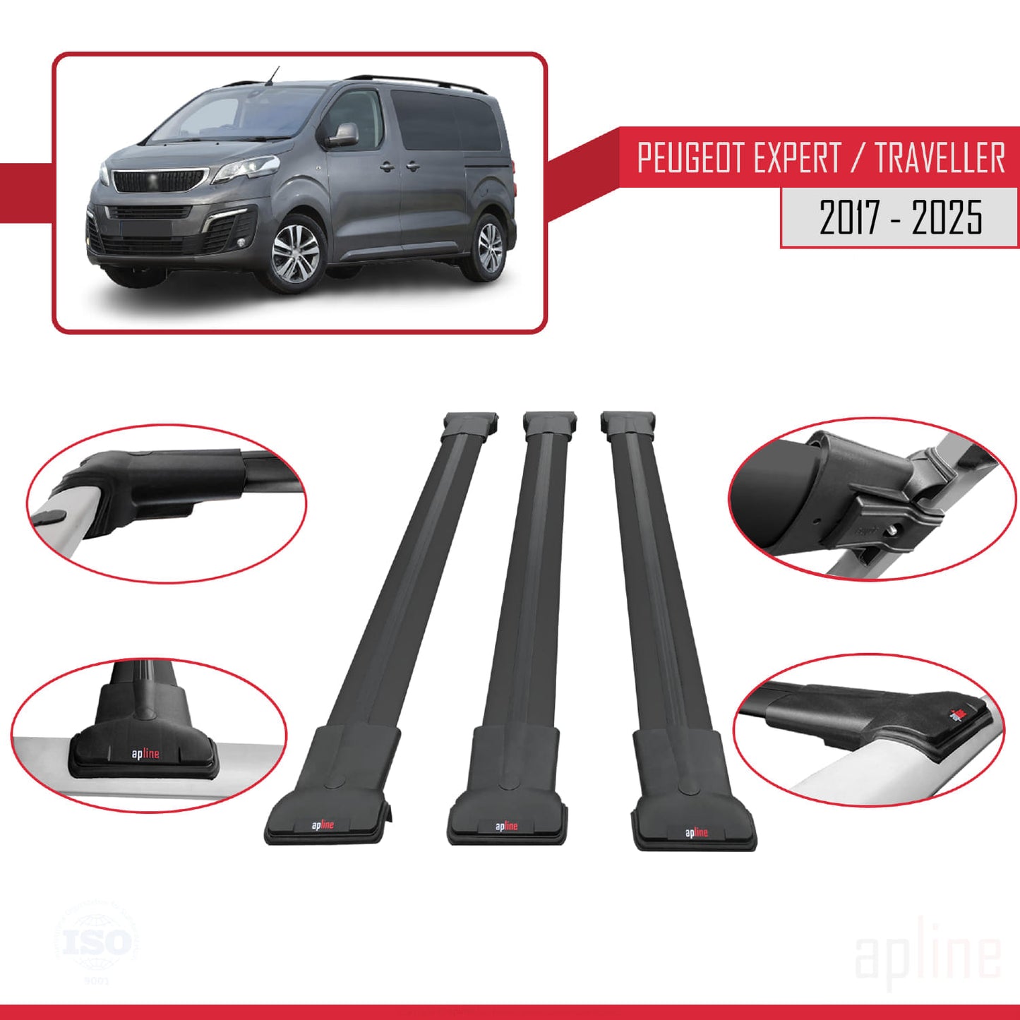 Compatible avec Peugeot Expert 3 Traveller 2017-2025 FLY Model Barres de Toit Railing Porte-Bagages de Voiture Noir Aluminium 3 Barres