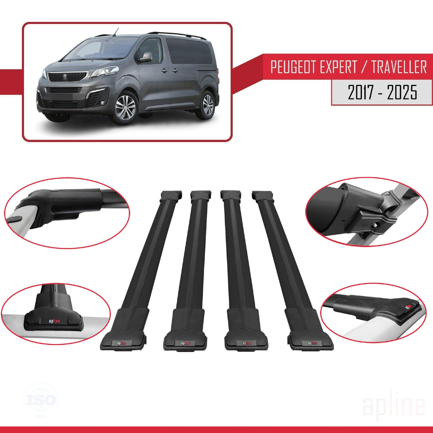 Compatible avec Peugeot Expert 3 Traveller 2017-2025 FLY Model Barres de Toit Railing Porte-Bagages de Voiture Noir Aluminium 4 Barres