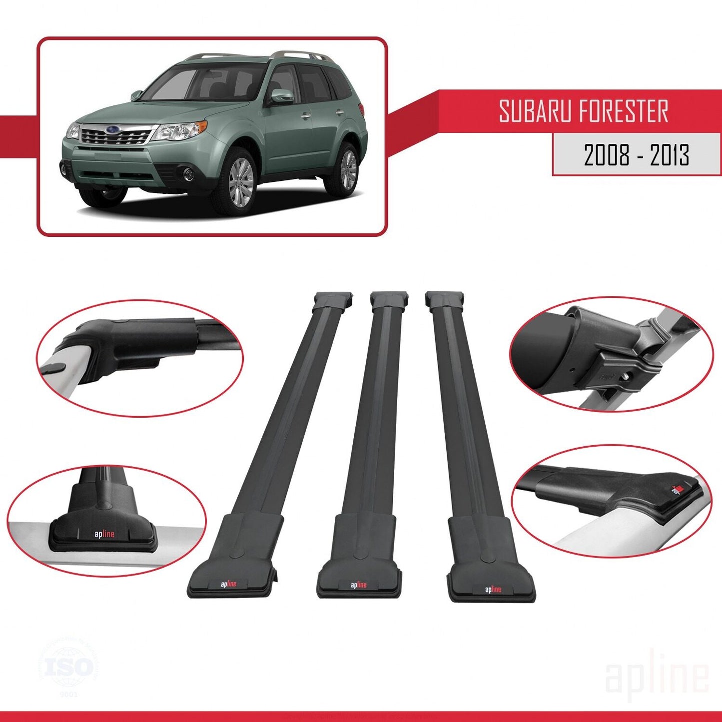 Compatible avec Subaru Forester 3 (SH) 2008-2013 FLY Model Barres de Toit Railing Porte-Bagages de Voiture Noir Aluminium 3 Barres