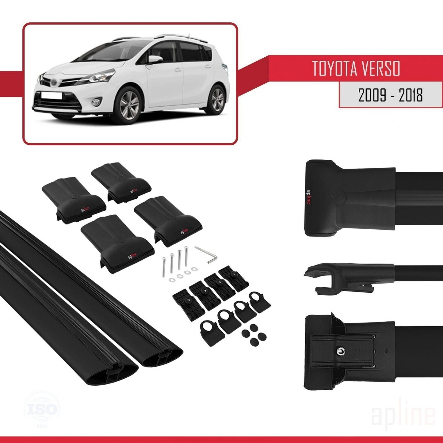 Compatible avec Toyota Verso (AR20) 2009-2018 FLY Model Barres de Toit Railing Porte-Bagages de Voiture Noir Aluminium 2 Barres
