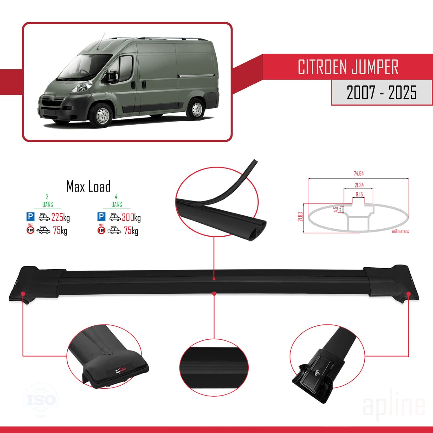 Compatible avec Citroen Jumper 2 2007-2025 FLY Model Barres de Toit Railing Porte-Bagages de Voiture Noir Aluminium 3 Barres