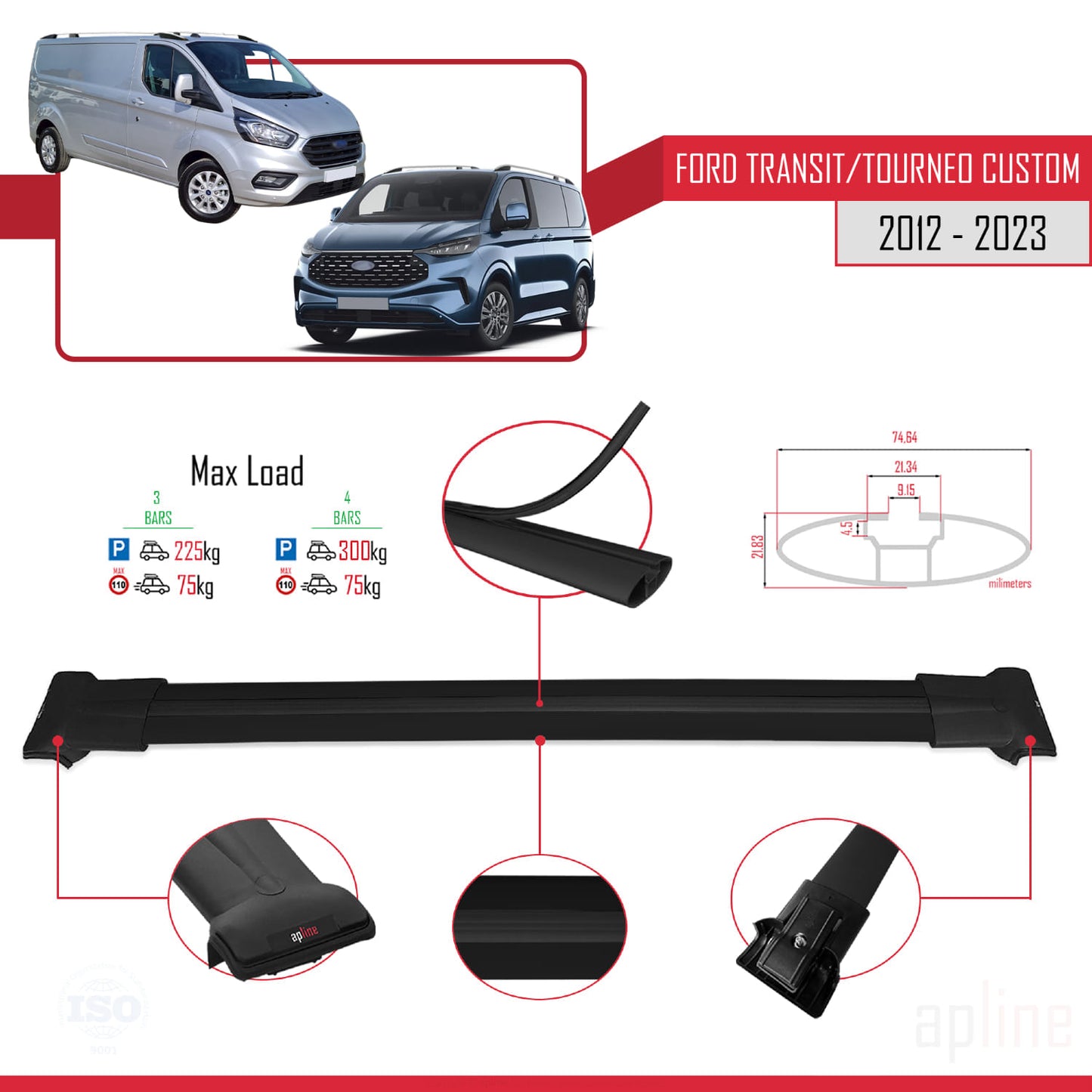 Compatible avec Ford Transit/Tourneo Custom 2012-2023 FLY Model Barres de Toit Railing Porte-Bagages de Voiture Noir Aluminium 4 Barres