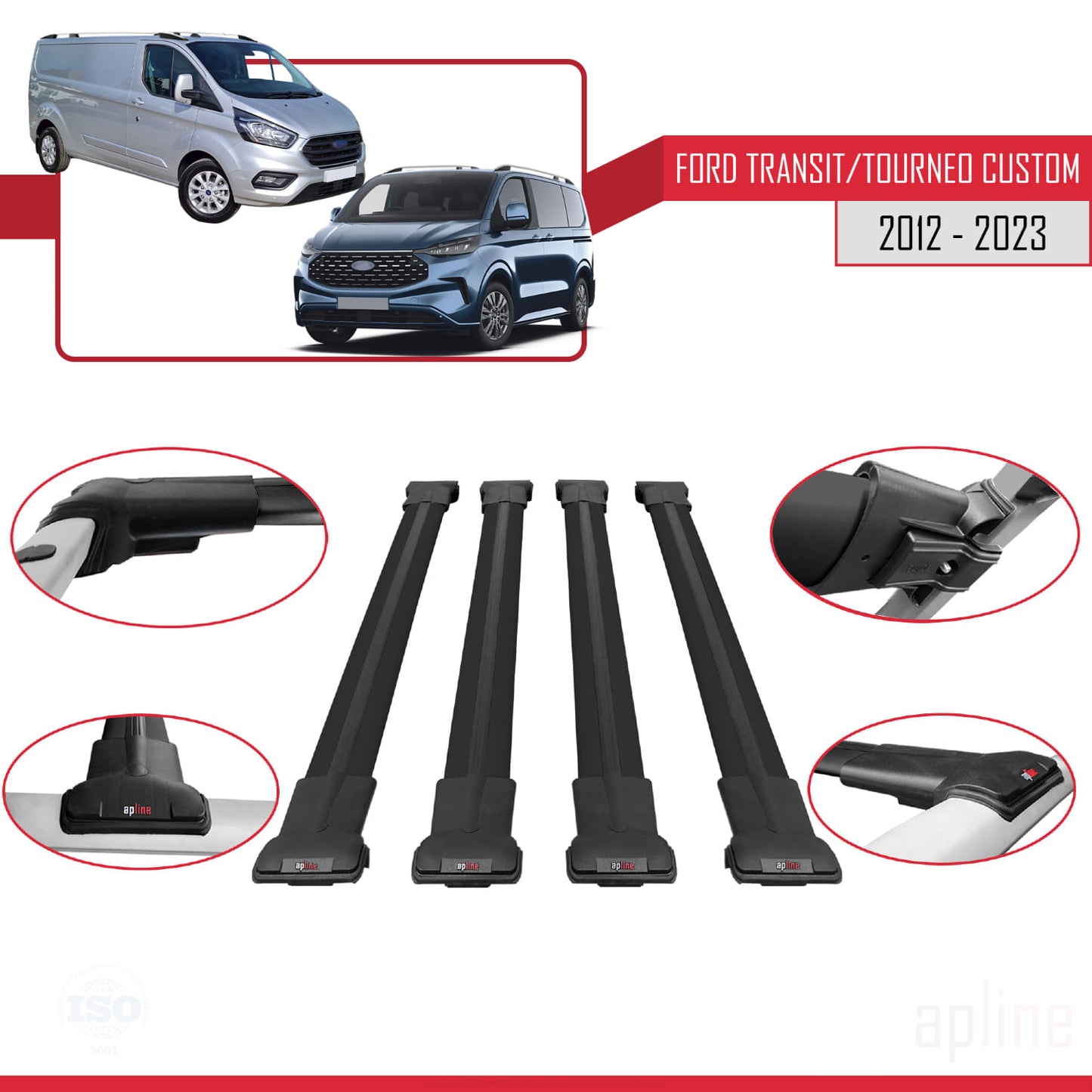 Compatible avec Ford Transit/Tourneo Custom 2012-2023 FLY Model Barres de Toit Railing Porte-Bagages de Voiture Noir Aluminium 4 Barres