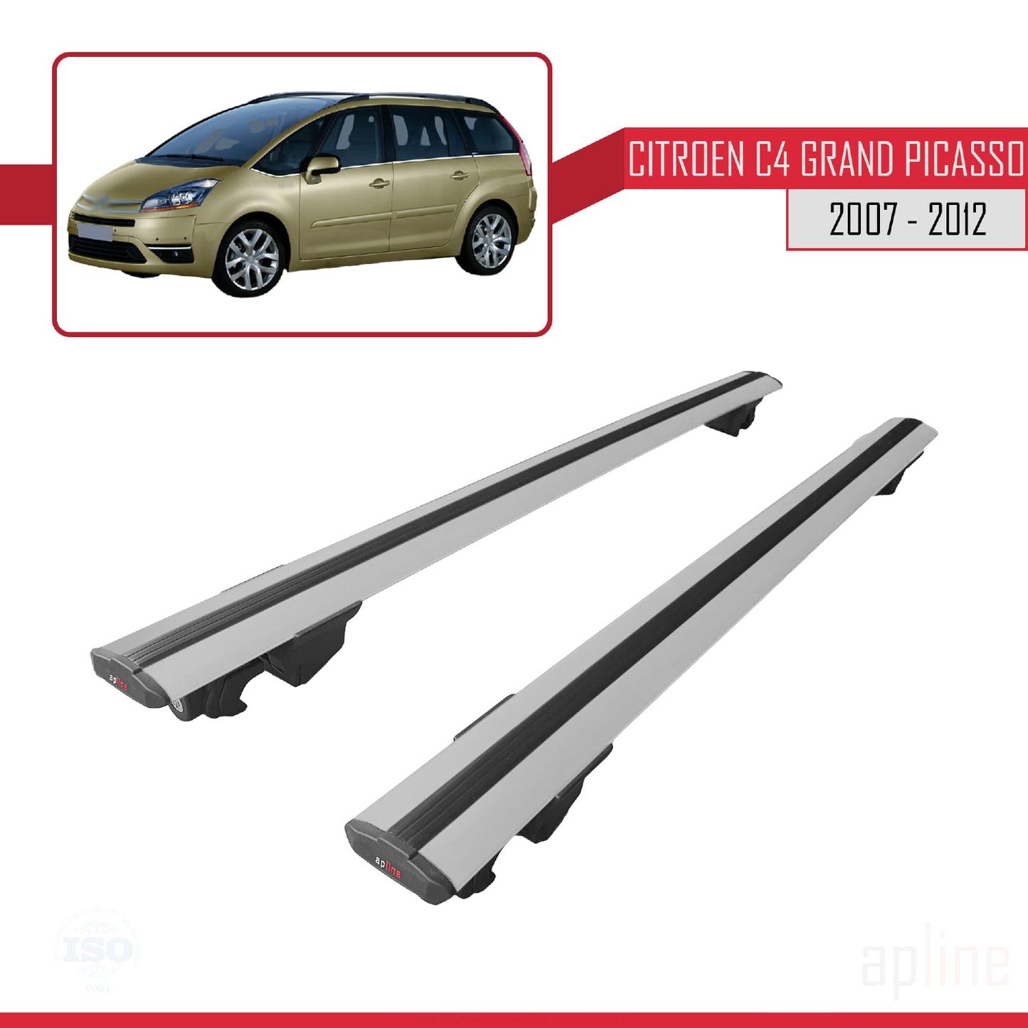 Compatible avec Citroen Grand C4 Picasso 2007-2012 HOOK Model Barres de Toit Railing Porte-Bagages de Voiture Gris Aluminium 2 Barres
