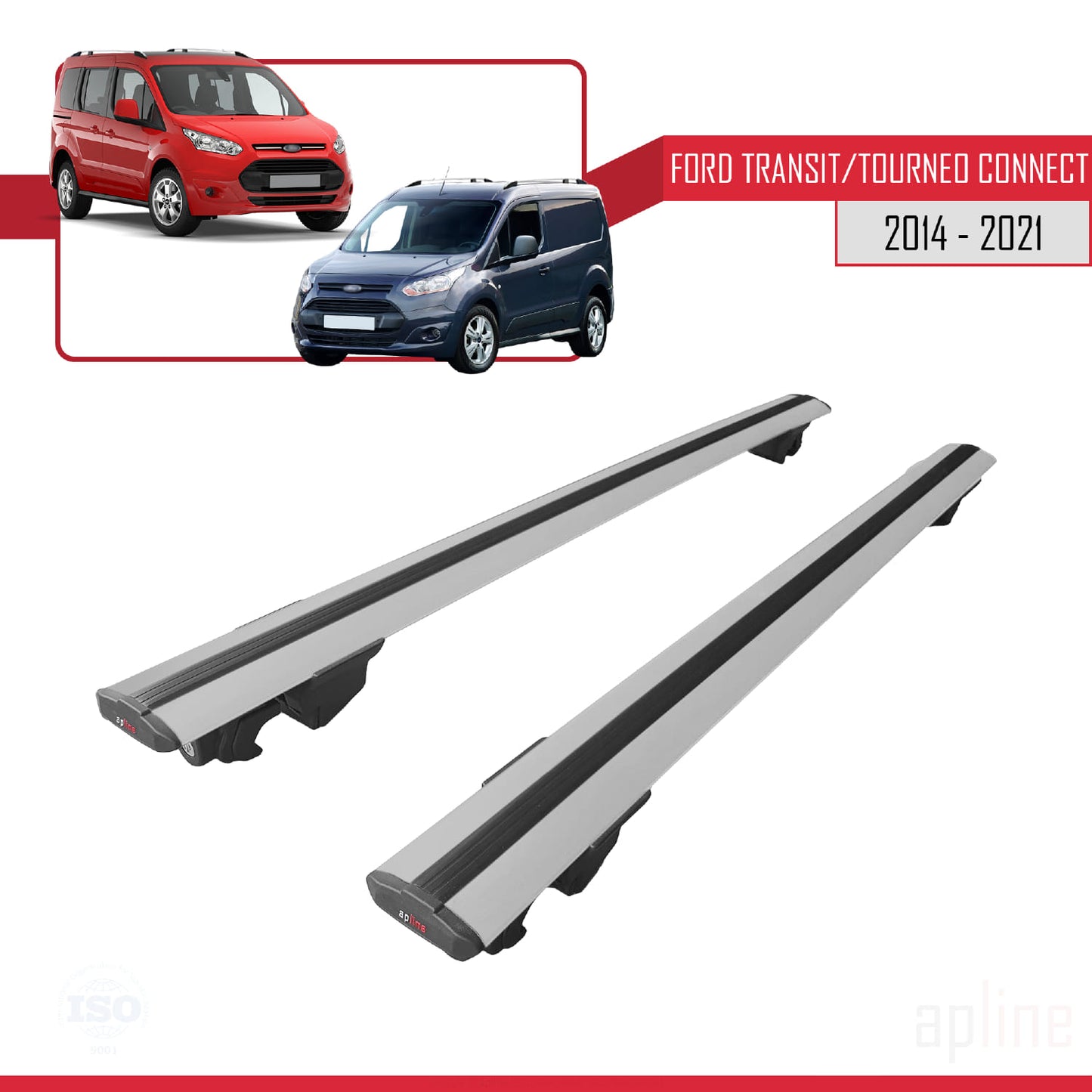 Kompatibel mit Ford Transit/Tourneo Connect 2 2014-2021 HOOK Modell Dachgepäckträger, graues Aluminium, 2 Stangen