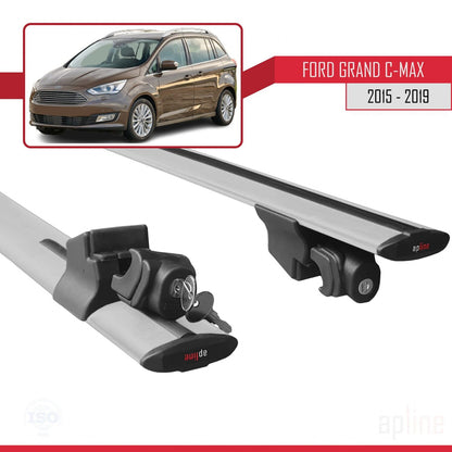 Compatible avec Ford Grand C-Max (C344) Post-Facelift 2015-2019 HOOK Model Barres de Toit Railing Porte-Bagages de Voiture Gris Aluminium 2 Barres