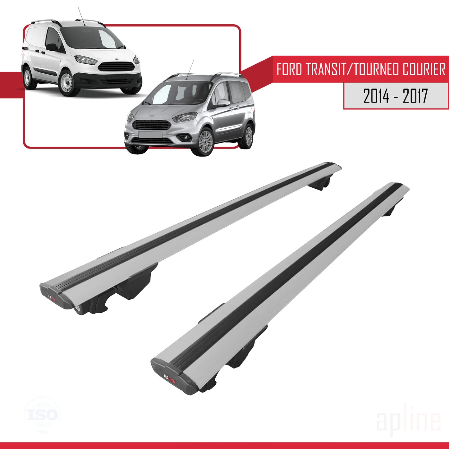 Kompatibel mit Ford Transit/Tourneo Courier Vor-Facelift 2014-2017 HOOK Modell Dachgepäckträger, graues Aluminium, 2 Stangen
