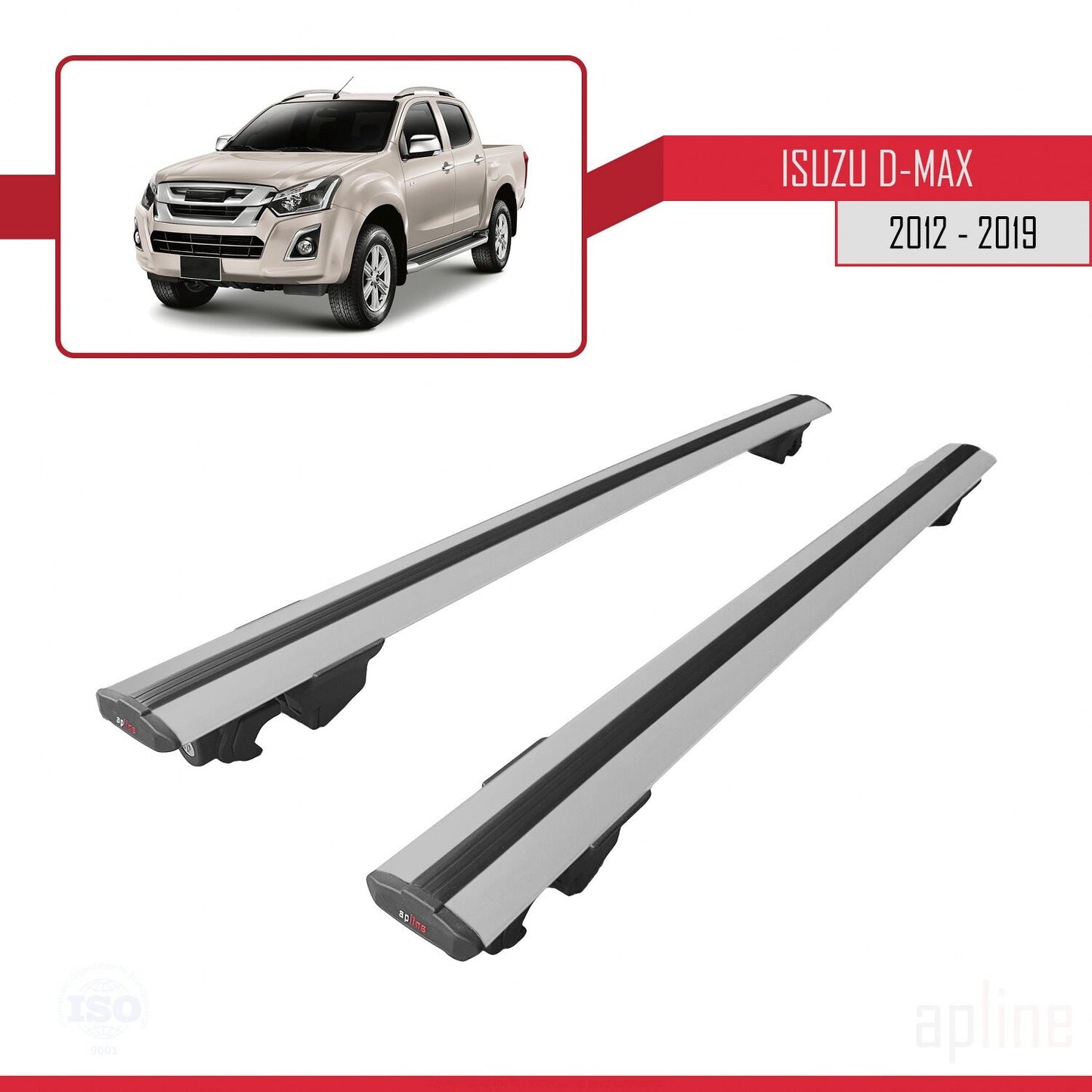 Kompatibel mit Isuzu D-Max 2 (RT50) 2012-2019 HOOK Model Relingträger Dachträger Auto Gepäckträger Grau Aluminium 2 Stangen