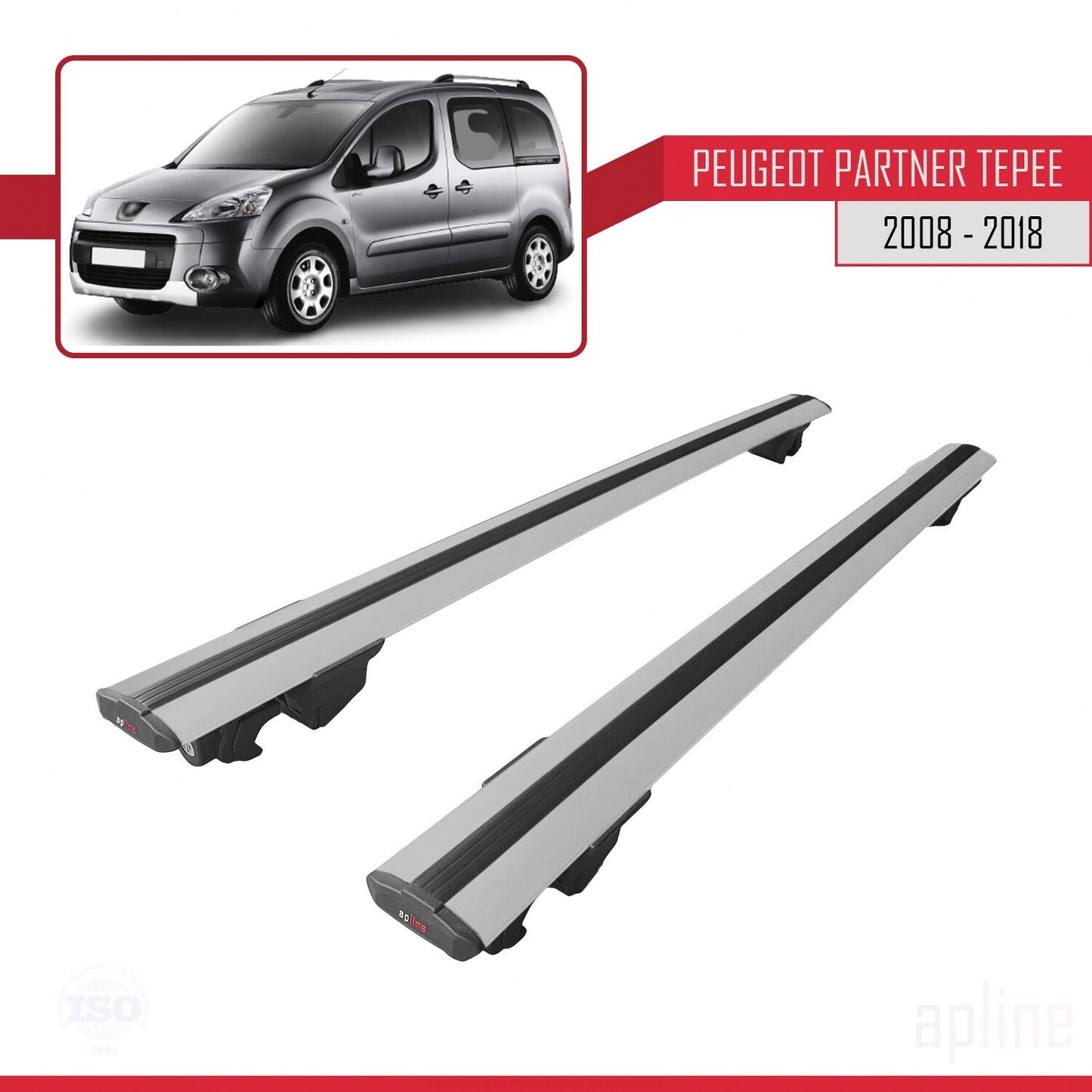 Compatible avec Peugeot Partner 2 Tepee 2008-2018 HOOK Model Barres de Toit Railing Porte-Bagages de Voiture Gris Aluminium 2 Barres