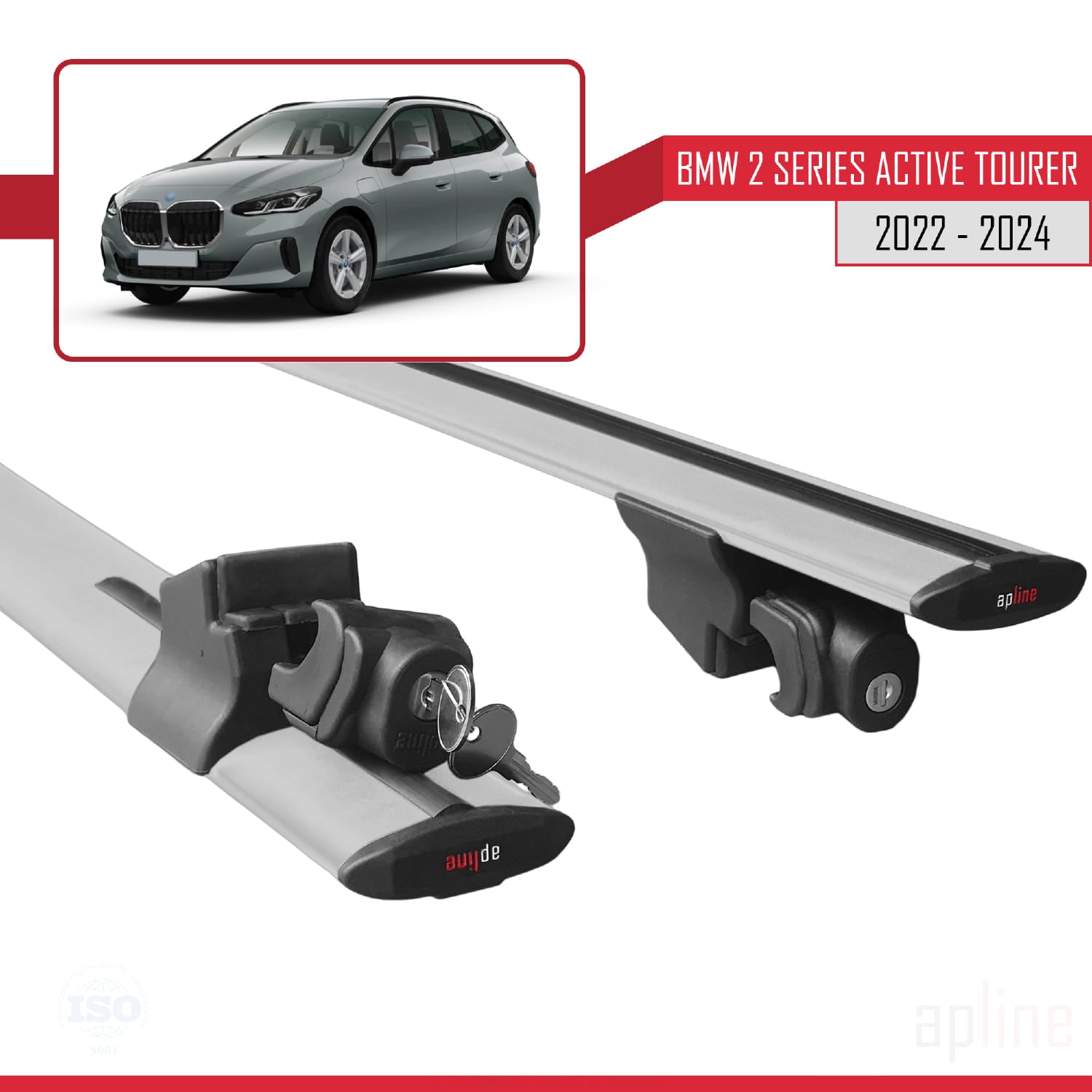 Compatible avec BMW 2 Series Active Tourer 2022-2024 HOOK Model Barres de Toit Railing Porte-Bagages de Voiture Gris Aluminium 2 Barres