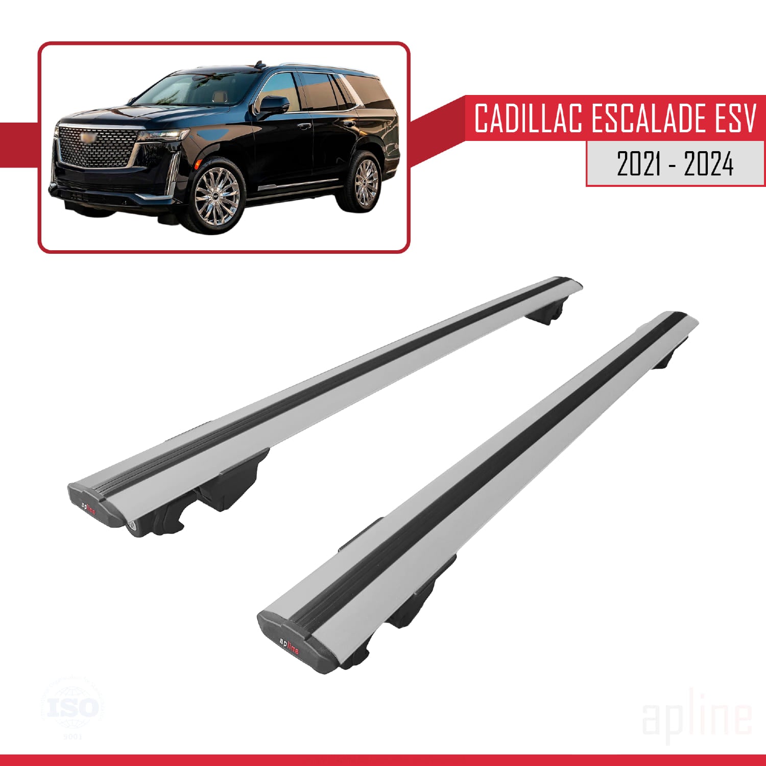 Compatible avec Cadillac Escalade ESV 2021-2024 HOOK Model Barres de Toit Railing Porte-Bagages de Voiture Gris Aluminium 2 Barres