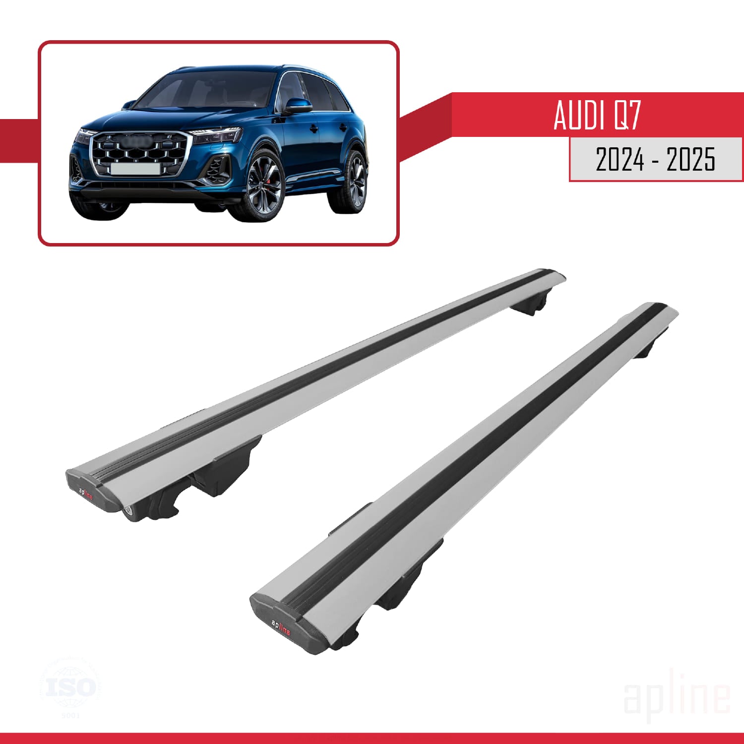 Compatible avec Audi Q7 2024-2025 HOOK Model Barres de Toit Railing Porte-Bagages de Voiture Gris Aluminium 2 Barres