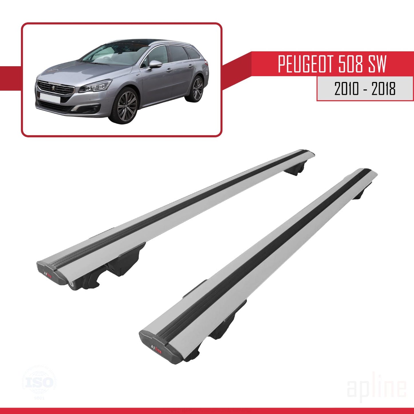 Compatible avec Peugeot 508 SW 2010-2018 HOOK Model Barres de Toit Railing Porte-Bagages de Voiture Gris Aluminium 2 Barres