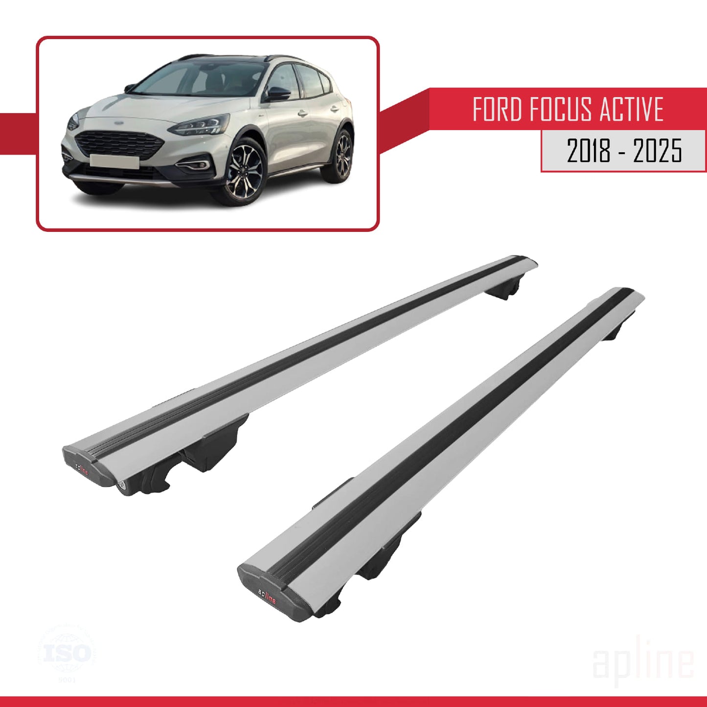 Compatible avec Ford Focus 4 (C519) Active 2018-2025 HOOK Model Barres de Toit Railing Porte-Bagages de Voiture Gris Aluminium 2 Barres