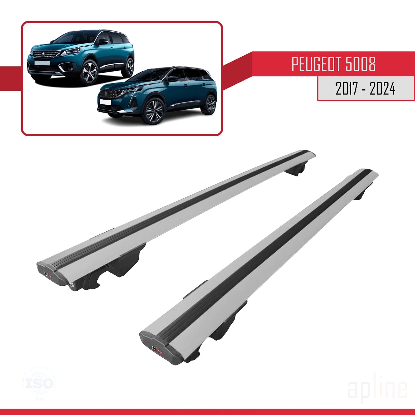 Compatible avec Peugeot 5008 II (P87) 2017-2024 HOOK Model Barres de Toit Railing Porte-Bagages de Voiture Gris Aluminium 2 Barres