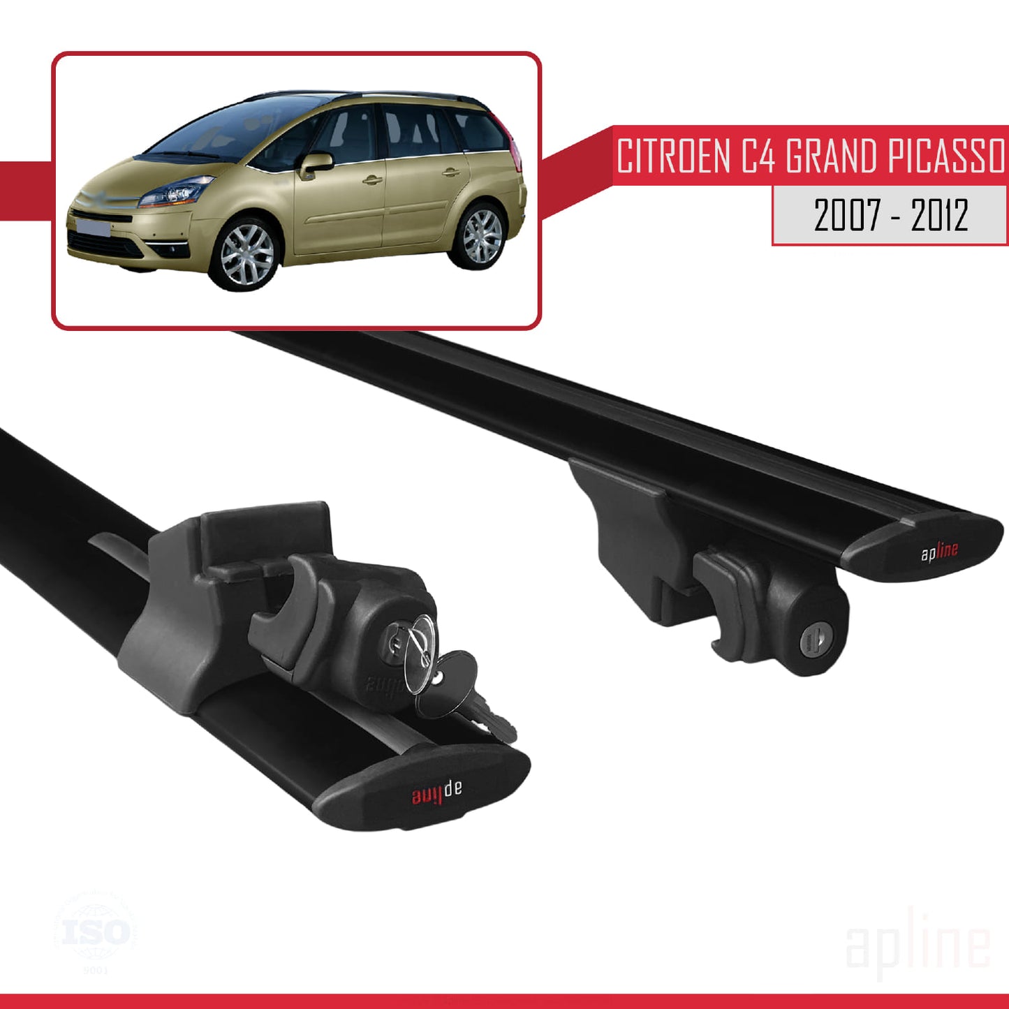 Compatible avec Citroen Grand C4 Picasso 2007-2012 HOOK Model Barres de Toit Railing Porte-Bagages de Voiture Noir Aluminium 2 Barres