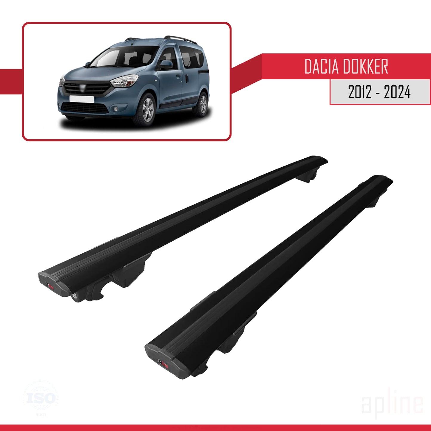 Compatible avec Dacia Dokker (K67) 2012-2024 HOOK Model Barres de Toit Railing Porte-Bagages de Voiture Noir Aluminium 2 Barres