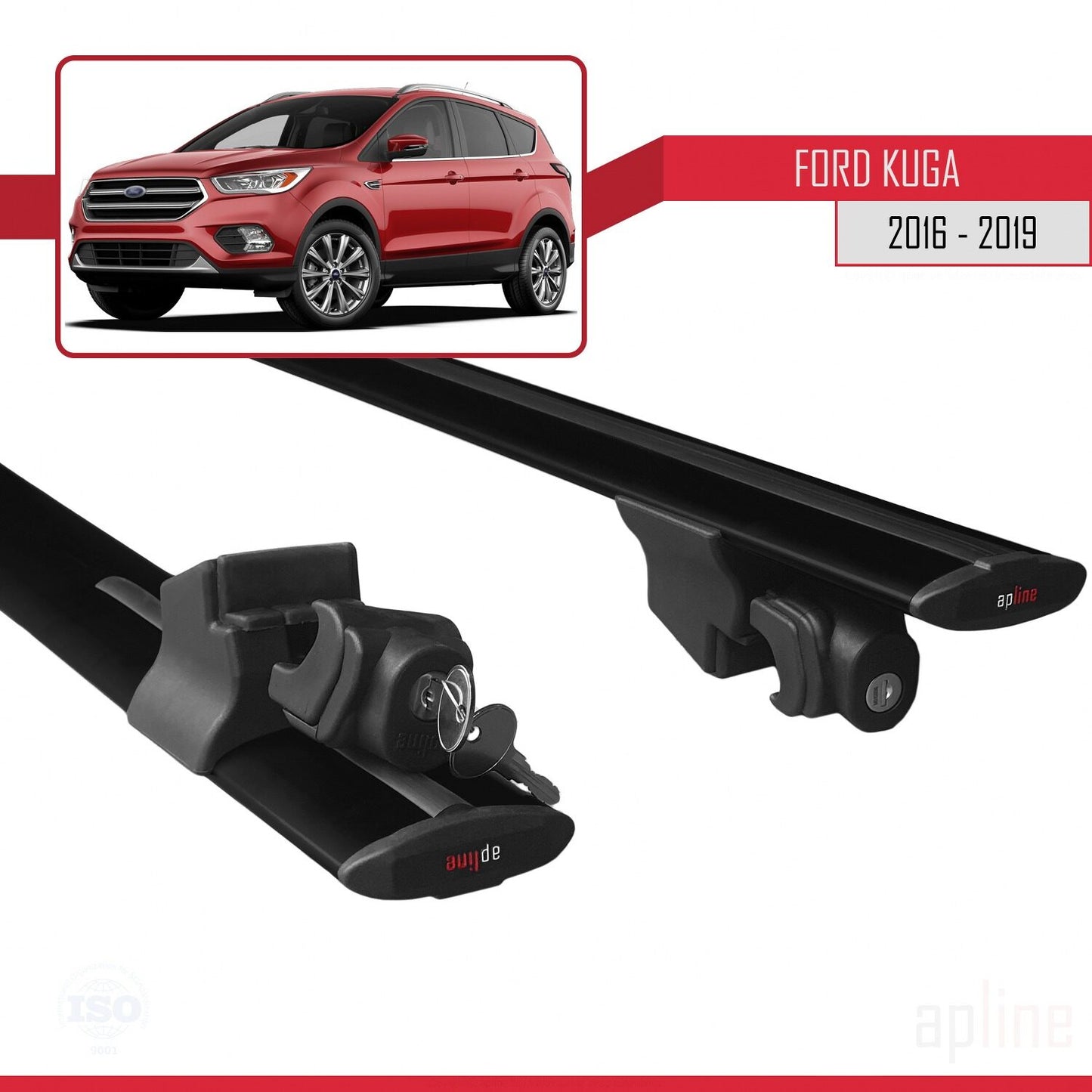 Compatible avec Ford Kuga 2 (C520) Post-Facelift 2016-2019 HOOK Model Barres de Toit Railing Porte-Bagages de Voiture Noir Aluminium 2 Barres