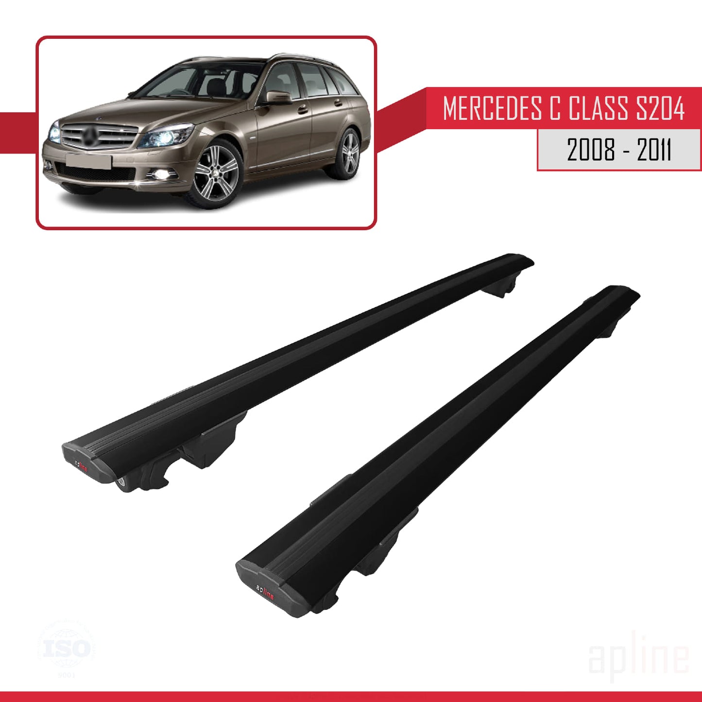 Compatible avec Mercedes Classe C 3 (S204) Pre-Facelift 2008-2011 HOOK Model Barres de Toit Railing Porte-Bagages de Voiture Noir Aluminium 2 Barres