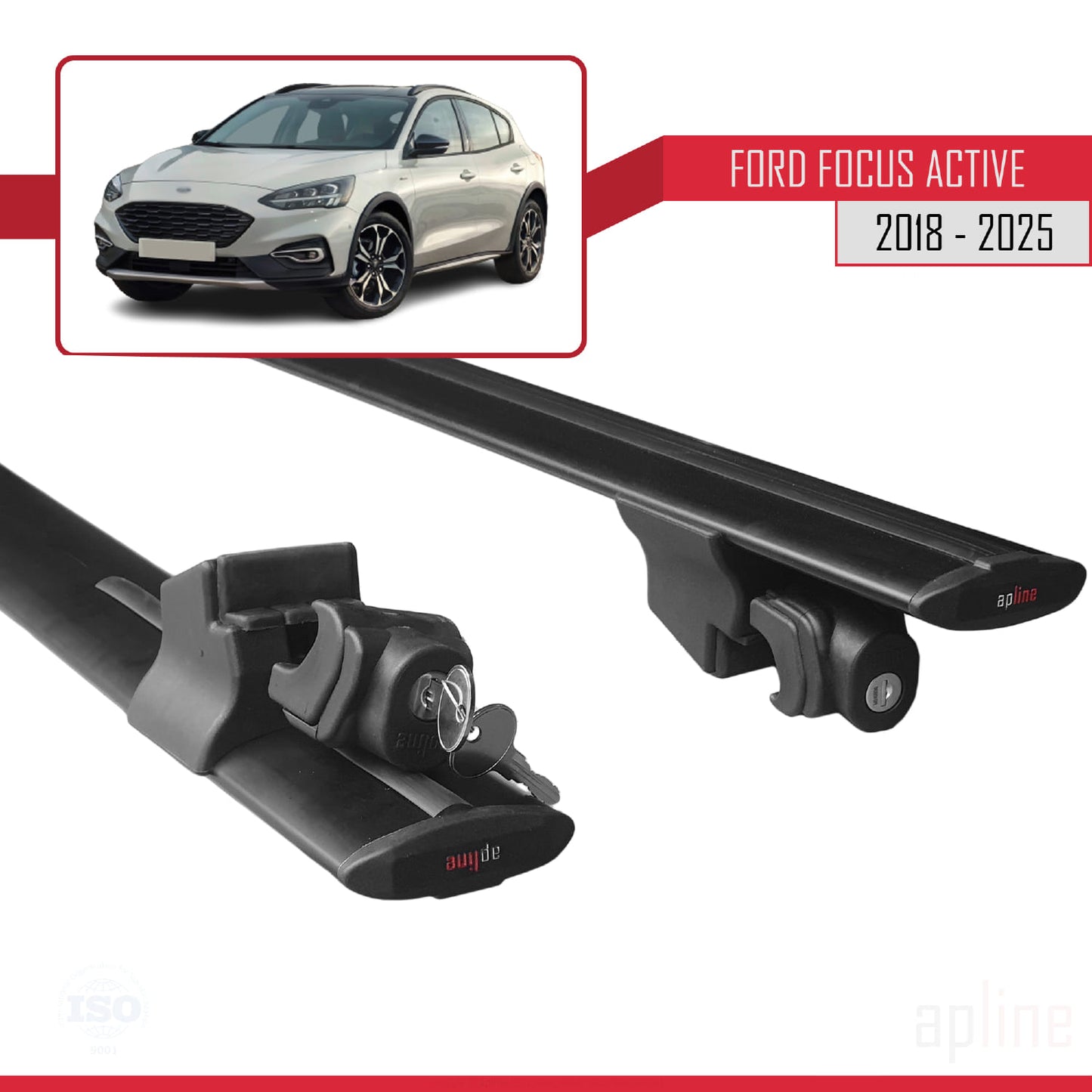 Compatible avec Ford Focus 4 (C519) Active 2018-2024 HOOK Model Barres de Toit Railing Porte-Bagages de Voiture Noir Aluminium 2 Barres