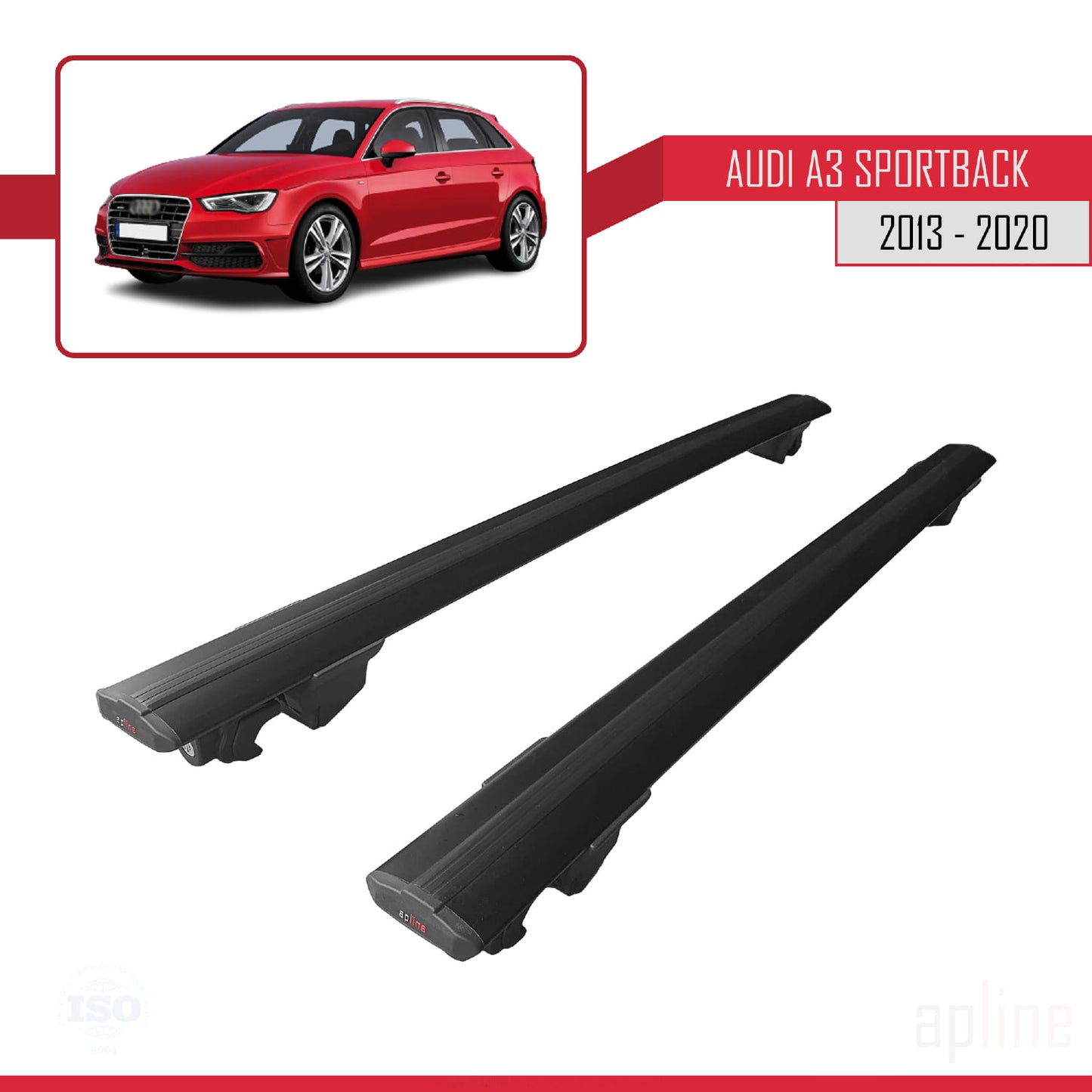 Compatible avec A3 (8V) Sportback 2013-2020 HOOK Model Barres de Toit Railing Porte-Bagages de Voiture Noir Aluminium 2 Barres