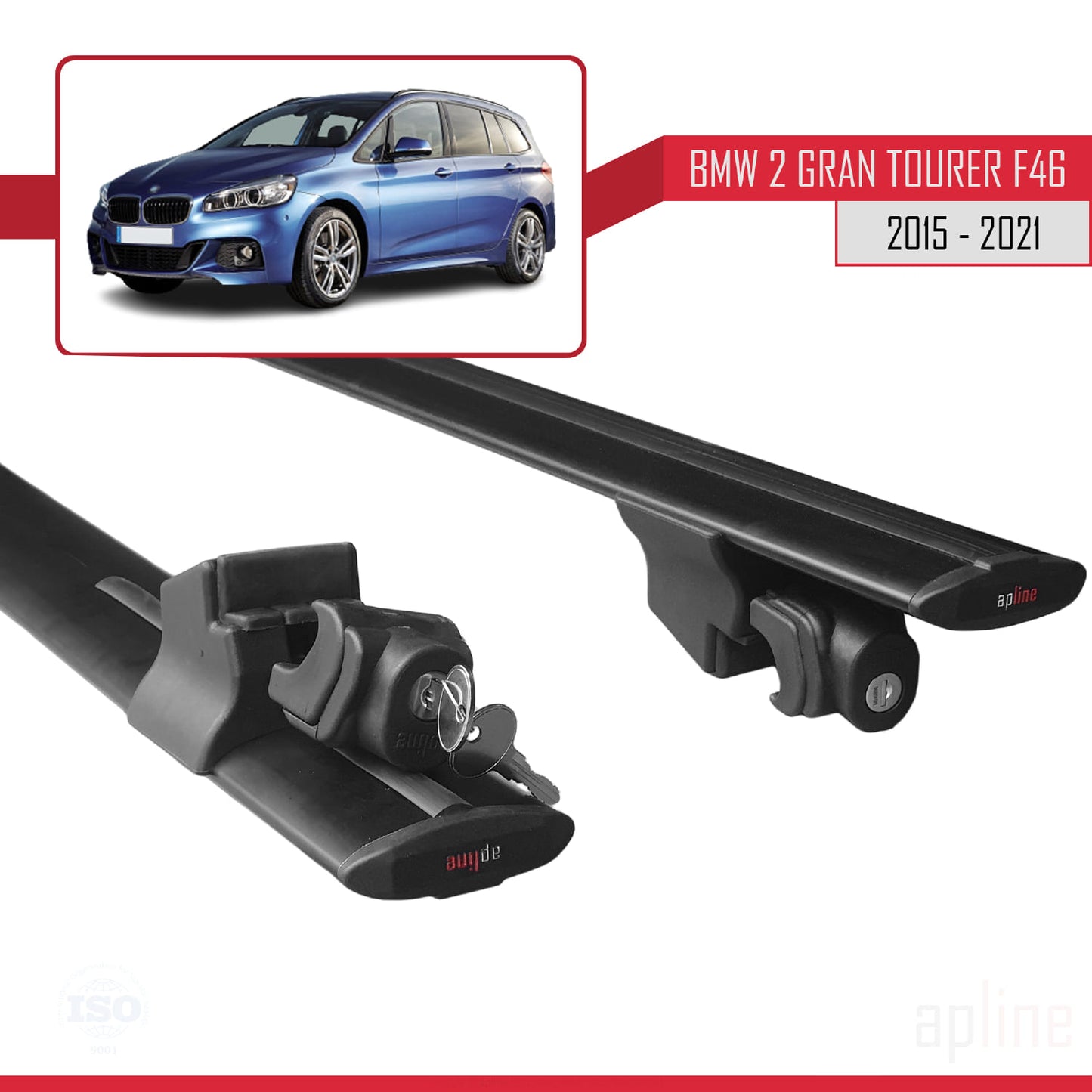 Compatible avec BMW Série 2 (F46) Gran Tourer 2015-2021 HOOK Model Barres de Toit Railing Porte-Bagages de Voiture Noir Aluminium 2 Barres