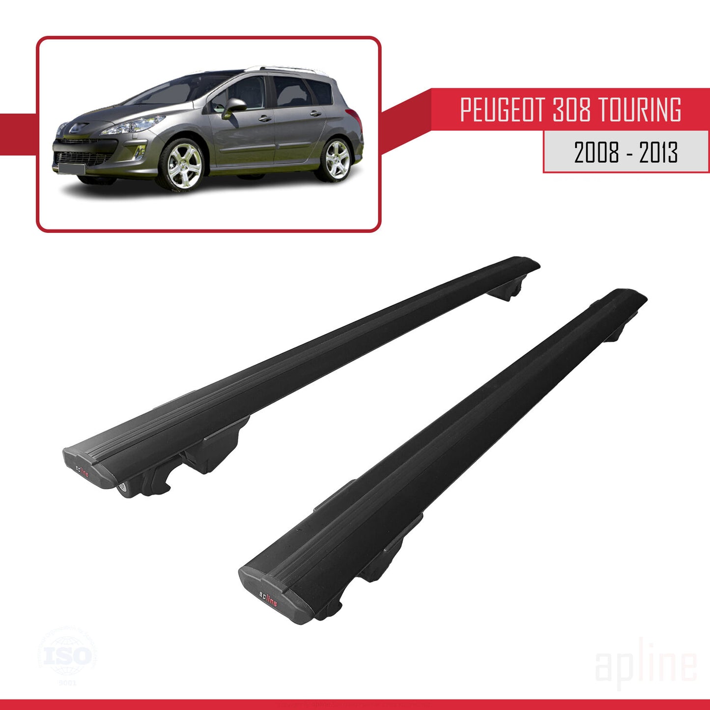 Compatible avec Peugeot 308 (T7) Break 2008-2013 HOOK Model Barres de Toit Railing Porte-Bagages de Voiture Noir Aluminium 2 Barres