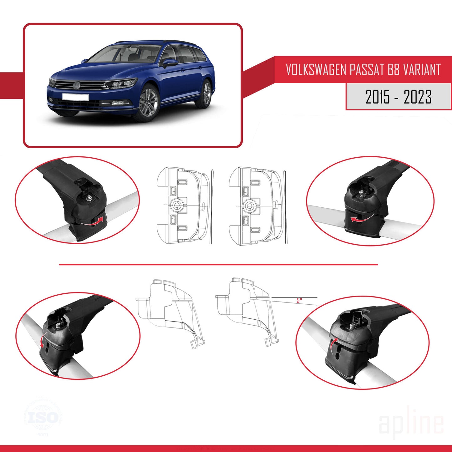 Compatibile con Volkswagen Passat B8 (3G) Variant 2015-2023 ACE-2 Barre Tetto Portapacchi Auto Barre Portatutto Nero Alluminio 2 Barre