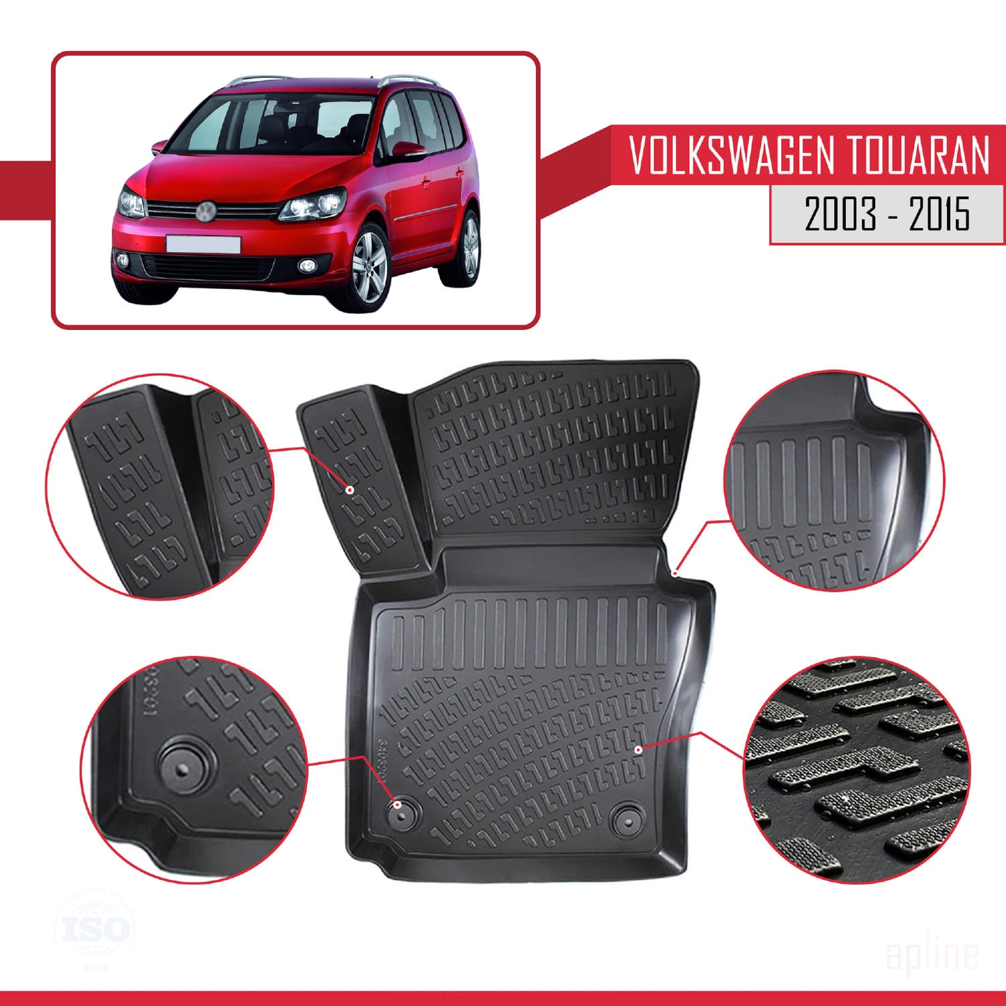 Compatibile con Volkswagen Touran (1T) 2003-2015 4D Tappeti in Gomma Nero