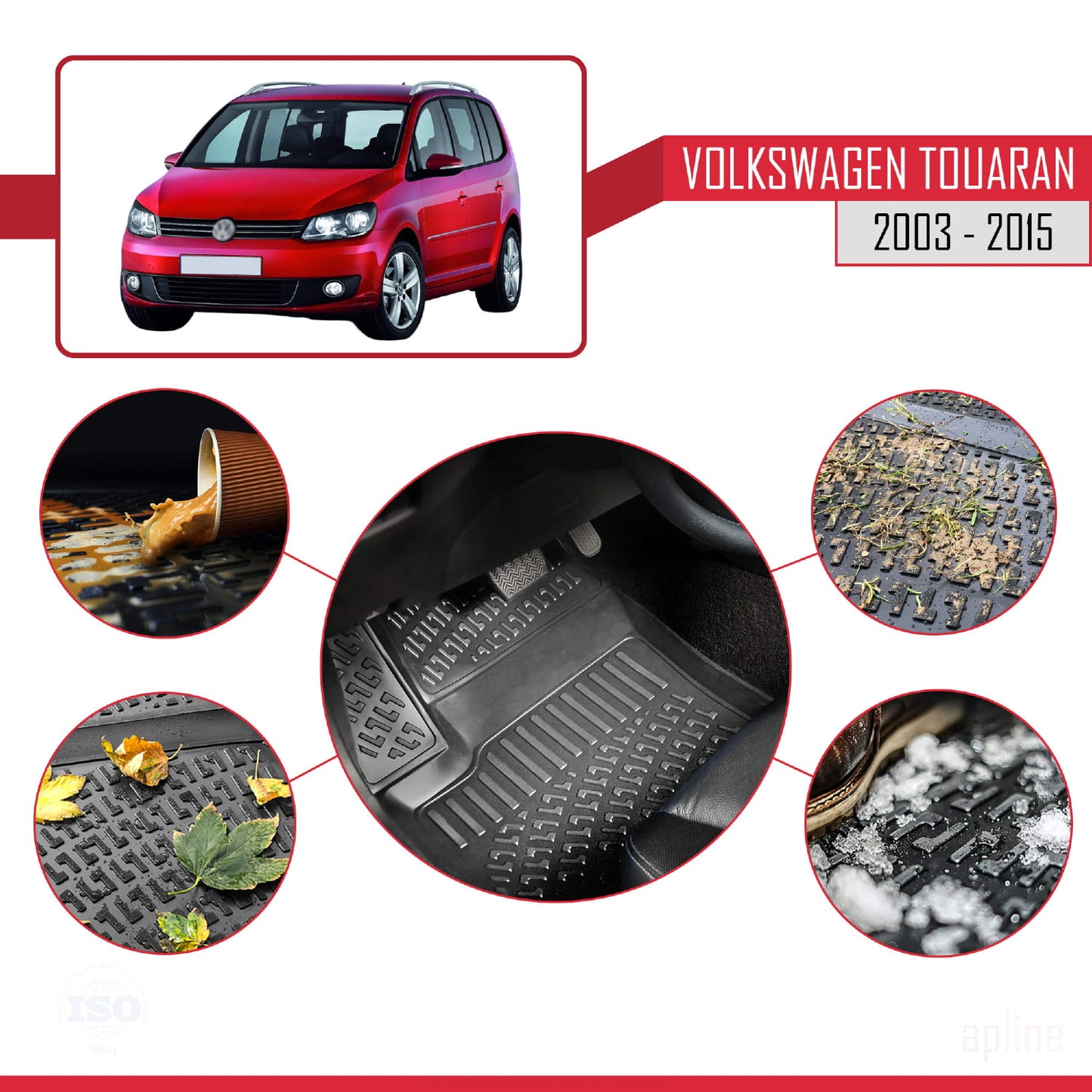 Compatibile con Volkswagen Touran (1T) 2003-2015 4D Tappeti in Gomma Nero