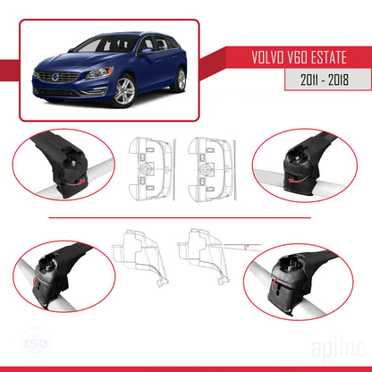 Kompatibel mit Volvo V60 2011-2018 ACE-2 Relingträger Dachträger Auto Gepäckträger Schwarz Aluminium 2 Stangen