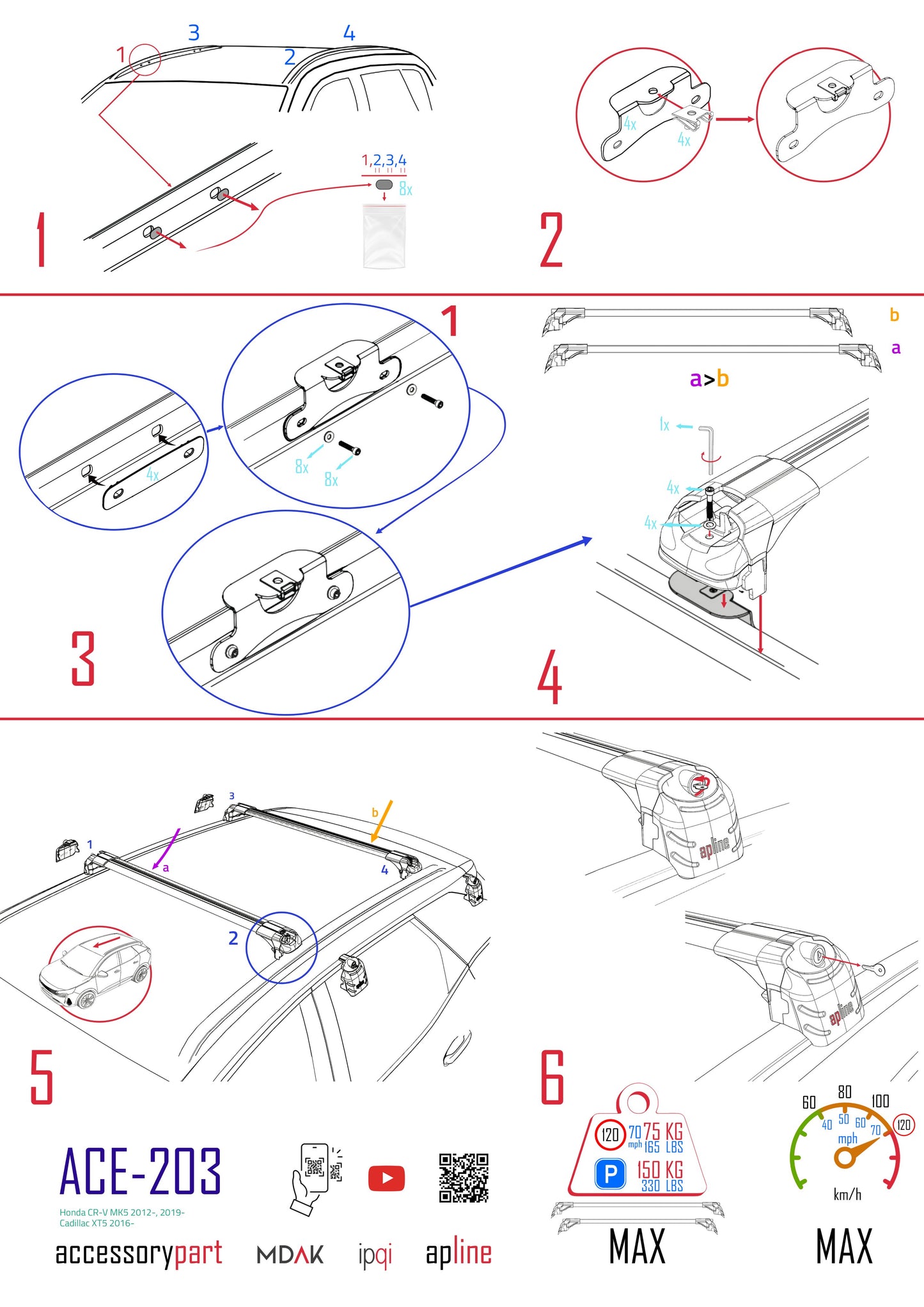 Compatibile con Honda CR-V 4 2012-2016 ACE-2 Barre Tetto Portapacchi Auto Barre Portatutto Grigo Alluminio 2 Barre