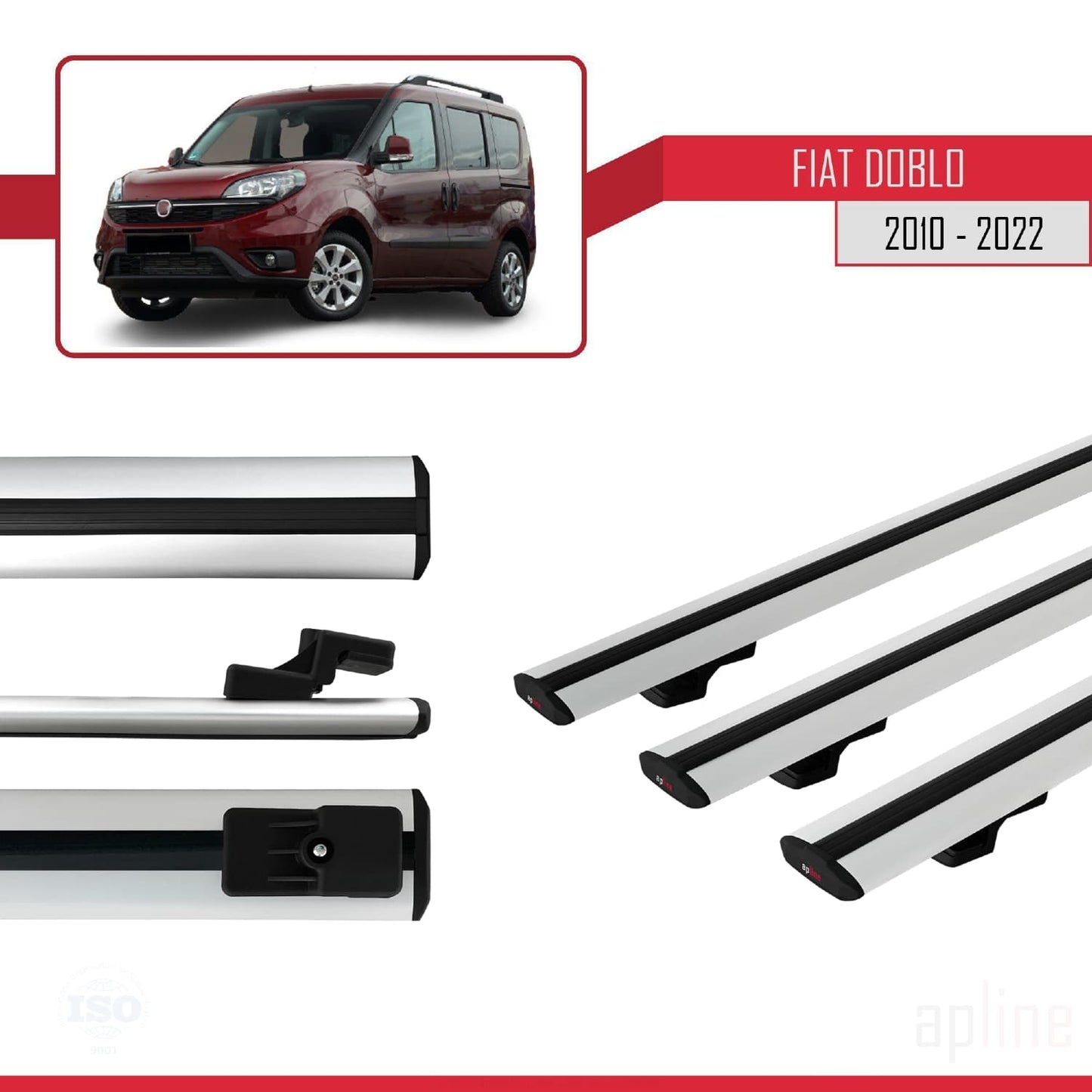 Compatibile con Fiat Doblo 2 2010-2022 modello BASIC Barre portatutto Railing Portapacchi per auto Alluminio grigio 3 barre