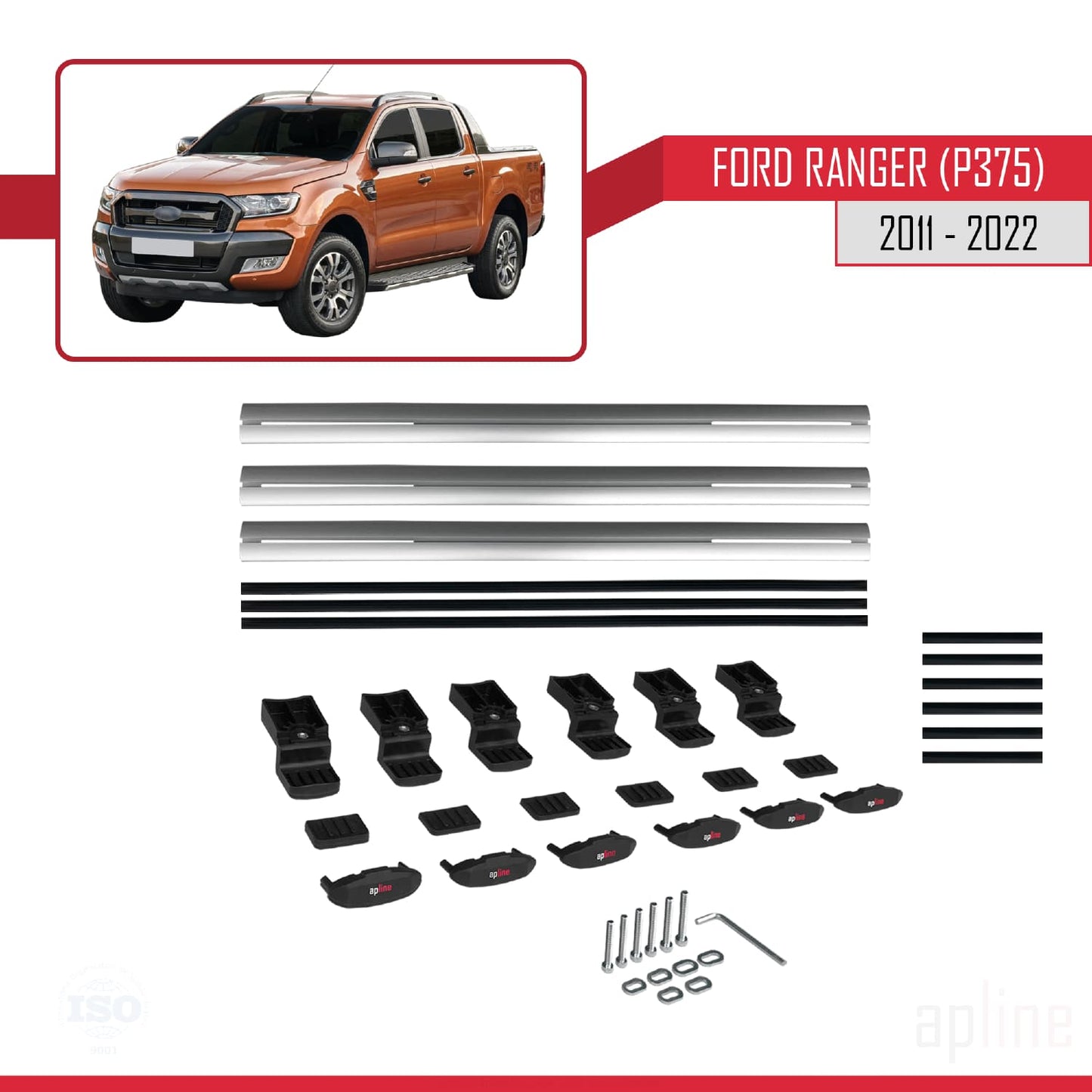 Compatible avec Ford Ranger (P375) 2011-2022 BASIC Model Barres de Toit Railing Porte-Bagages de Voiture Gris Aluminium 3 Barres