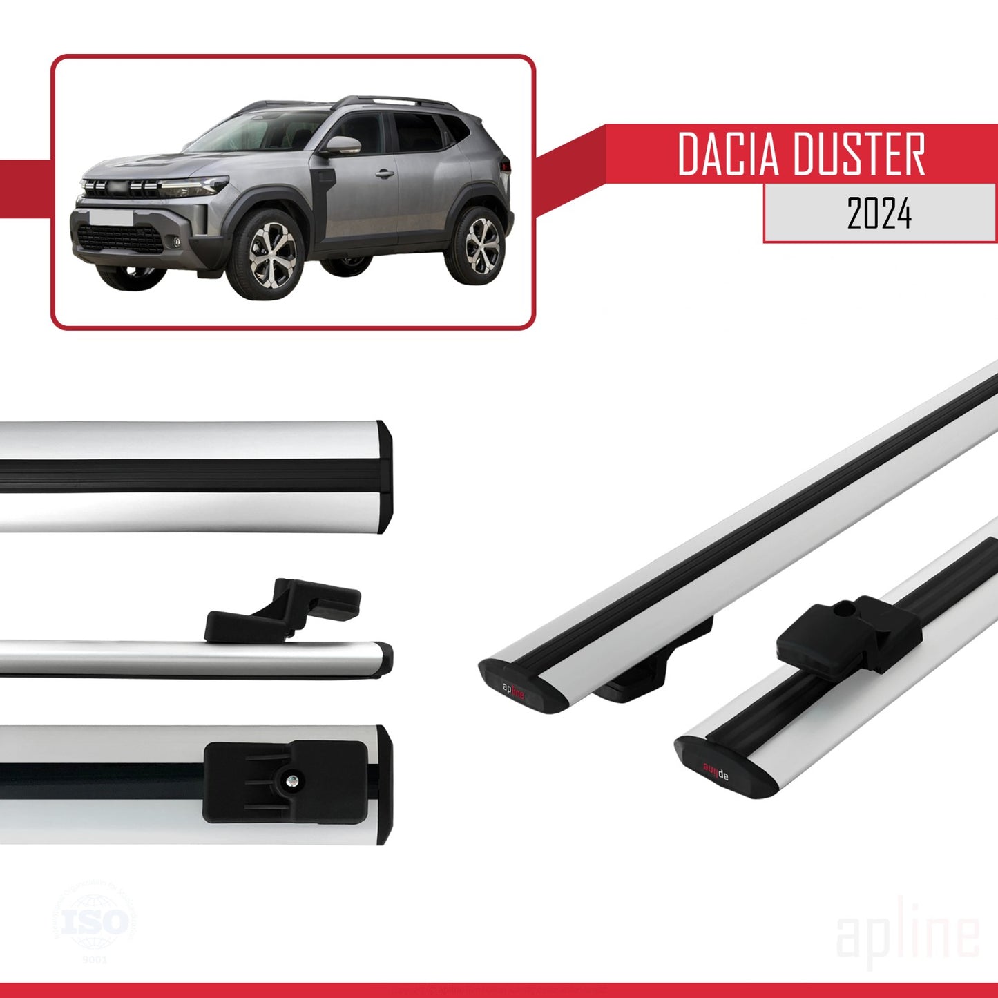 BASIC Model Dakdrager bagagedrager compatibel met Dacia Duster 3 (P1310) 2024-2025 Spoorstaven Grijs Aluminium 2 Staven