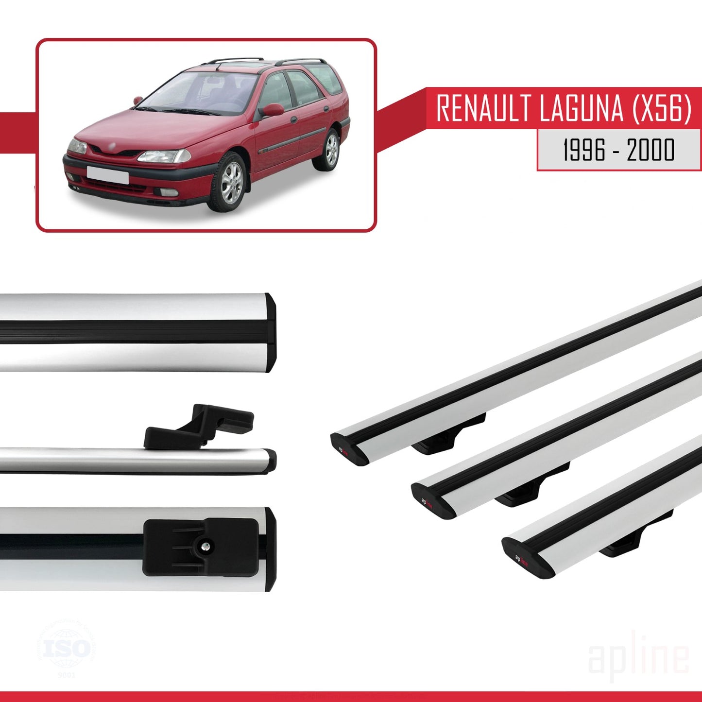 Compatibile con Renault Laguna (X56) 1996-200 BASIC Model Barre Tetto Portapacchi Auto Barre Portatutto Grigo Alluminio 3 Barre