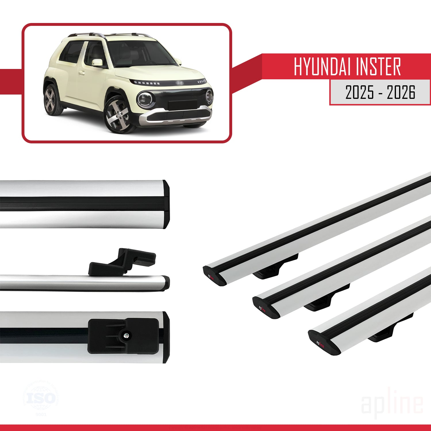 Compatible avec Hyundai Inster 2025-2026 BASIC Model Barres de Toit Railing Porte-Bagages de Voiture Gris Aluminium 3 Barres