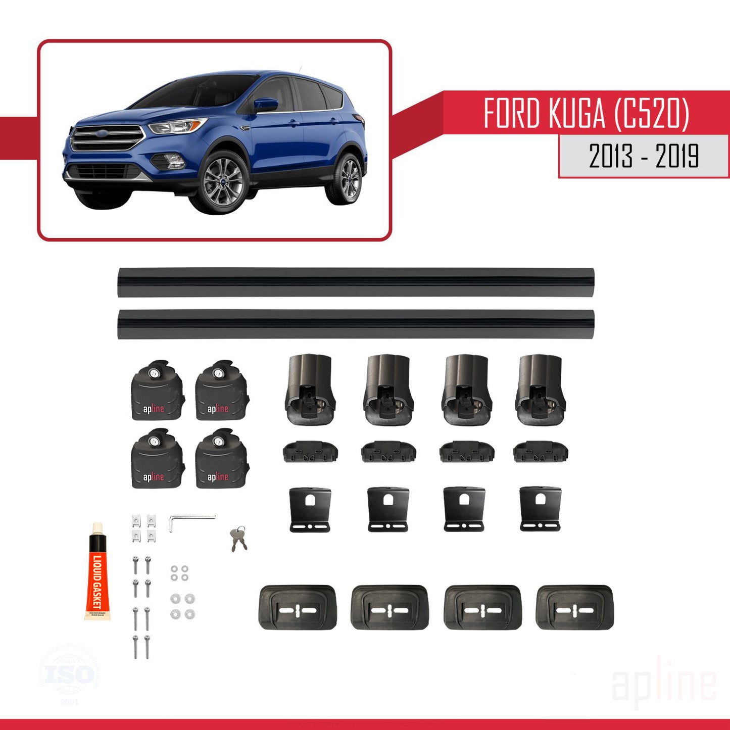 ACE-3 Dakdrager bagagedrager compatibel met Ford Kuga (C520) 2013-2019 Spoorstaven Zwart Aluminium 2 Staven