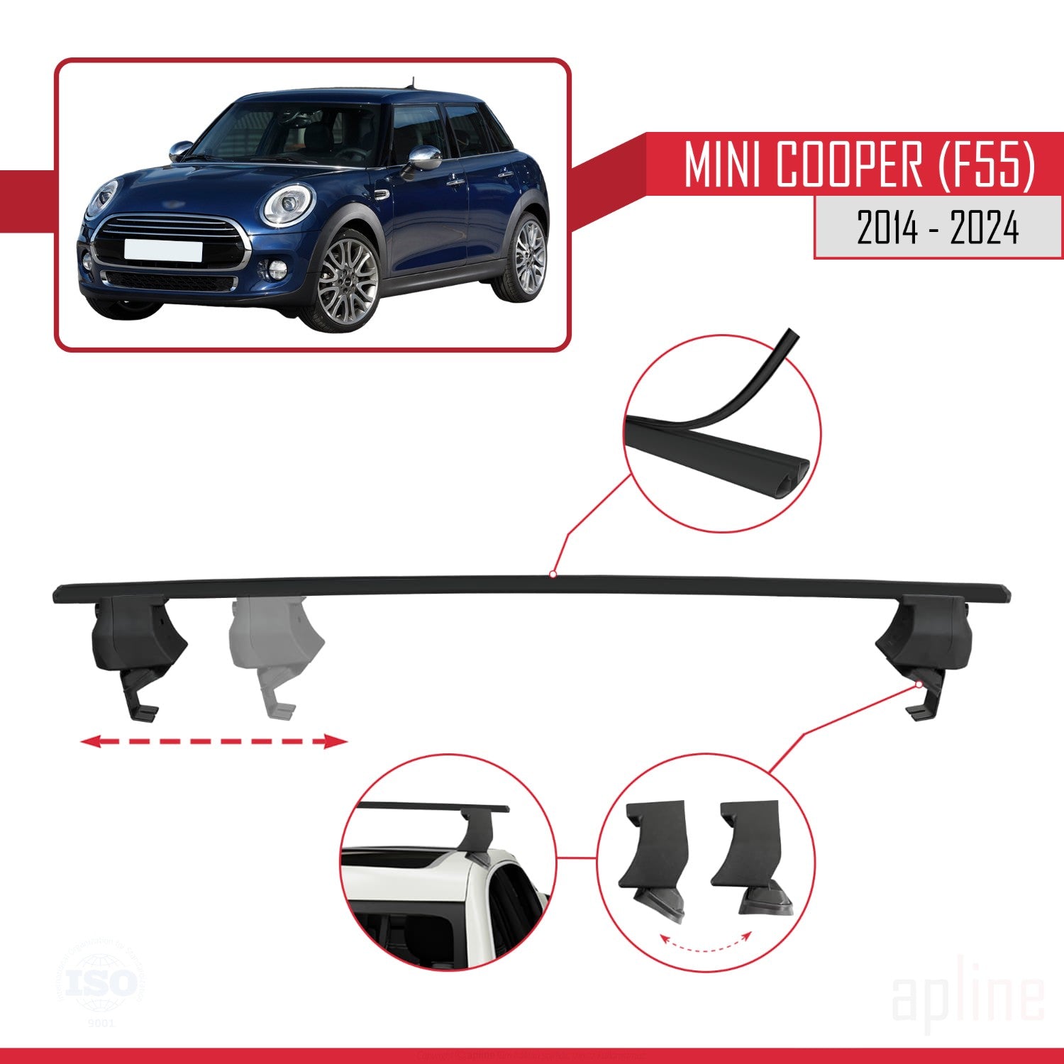 Compatible avec Mini Cooper (F55) 2014-2024 ACE-4 Barres de Toit Railing Porte-Bagages de Voiture Noir Aluminium 2 Barres