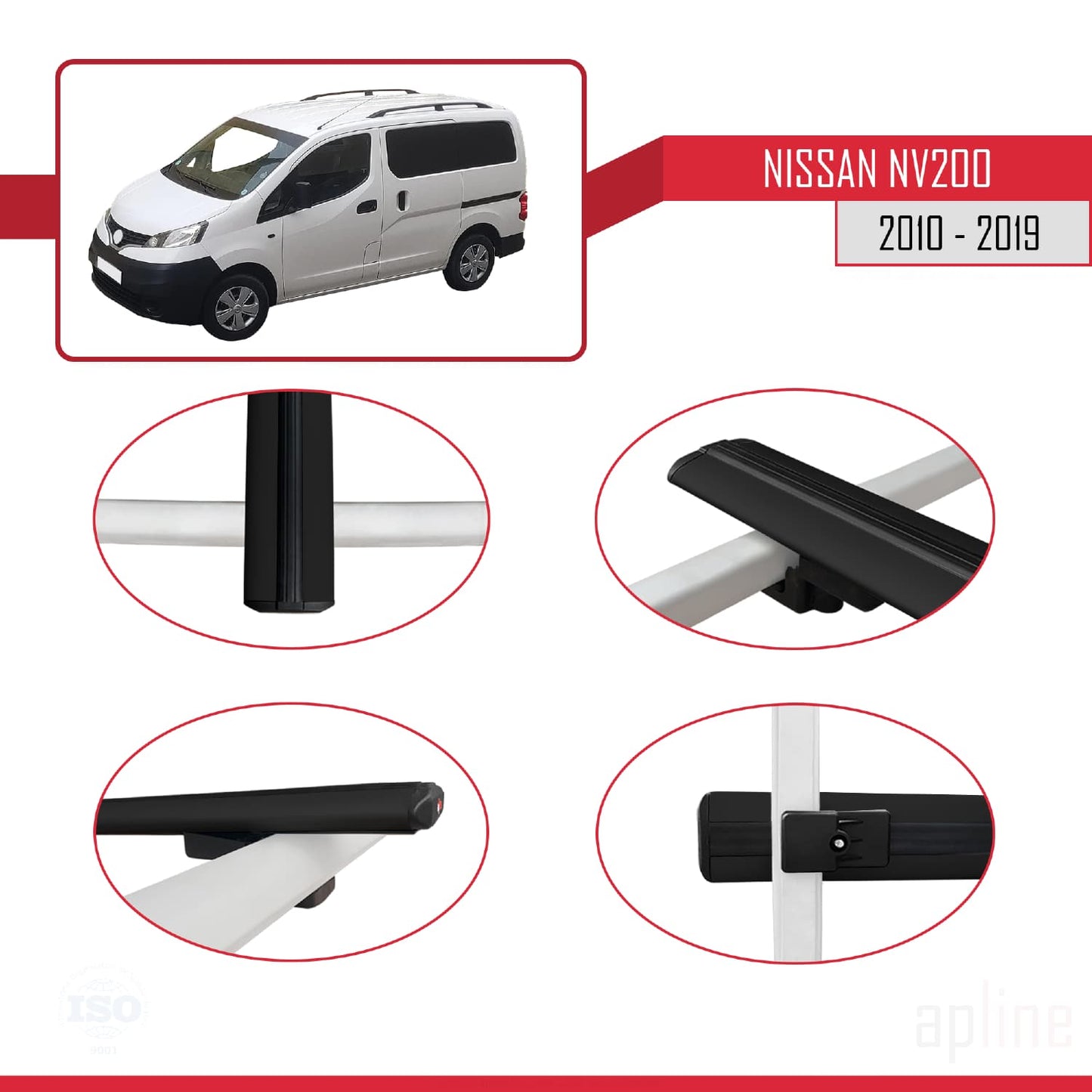 Compatible avec Nissan NV200 (M20) 2010-2019 Siyah BASIC Model Barres de Toit Railing Porte-Bagages de Voiture Noir Aluminium 3 Barres