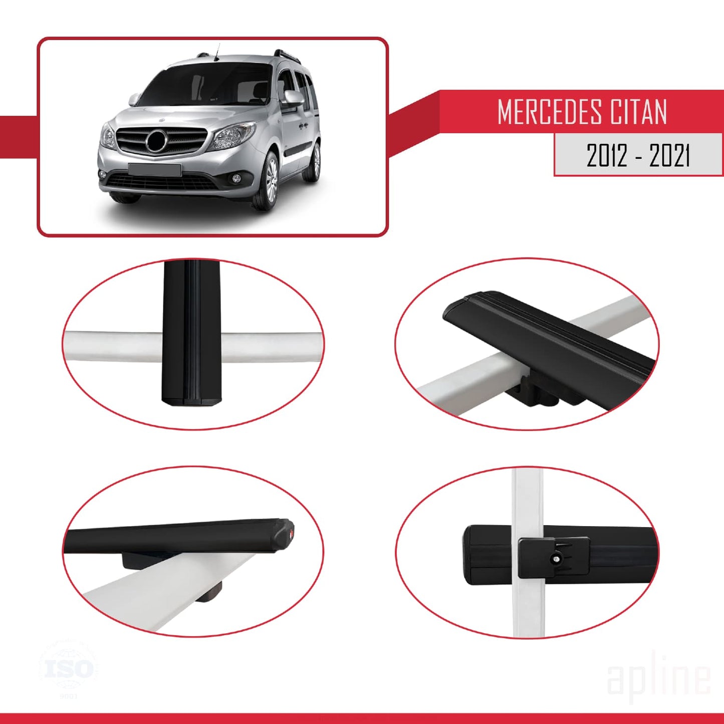 Kompatibel mit Mercedes Citan (W415) 2012-2021 BASIC Model Relingträger Dachträger Auto Gepäckträger Schwarz Aluminium 4 Stangen