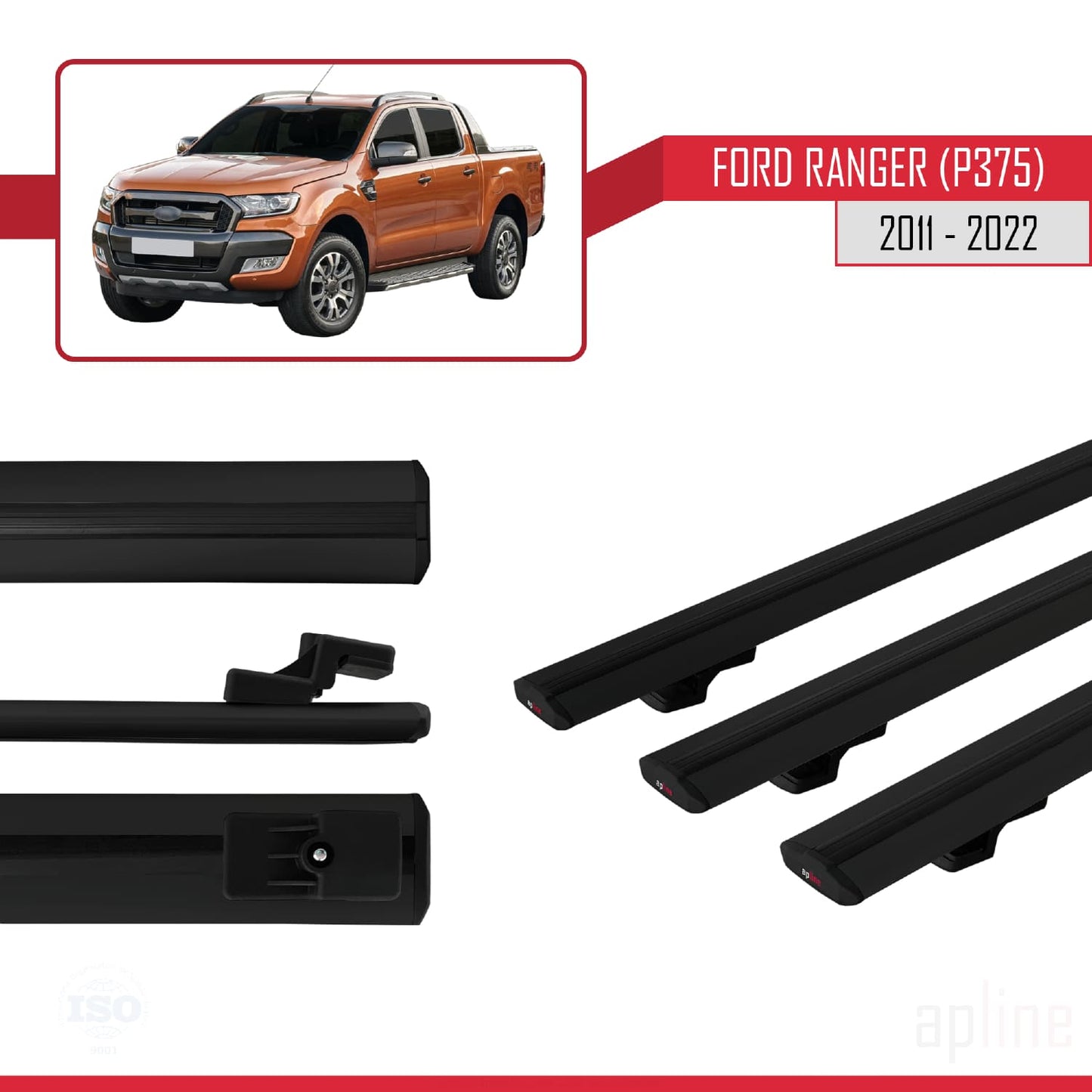 Compatibile con Ford Ranger (P375) 2011-2022 BASIC Model Barre Tetto Portapacchi Auto Barre Portatutto Nero Alluminio 3 Barre
