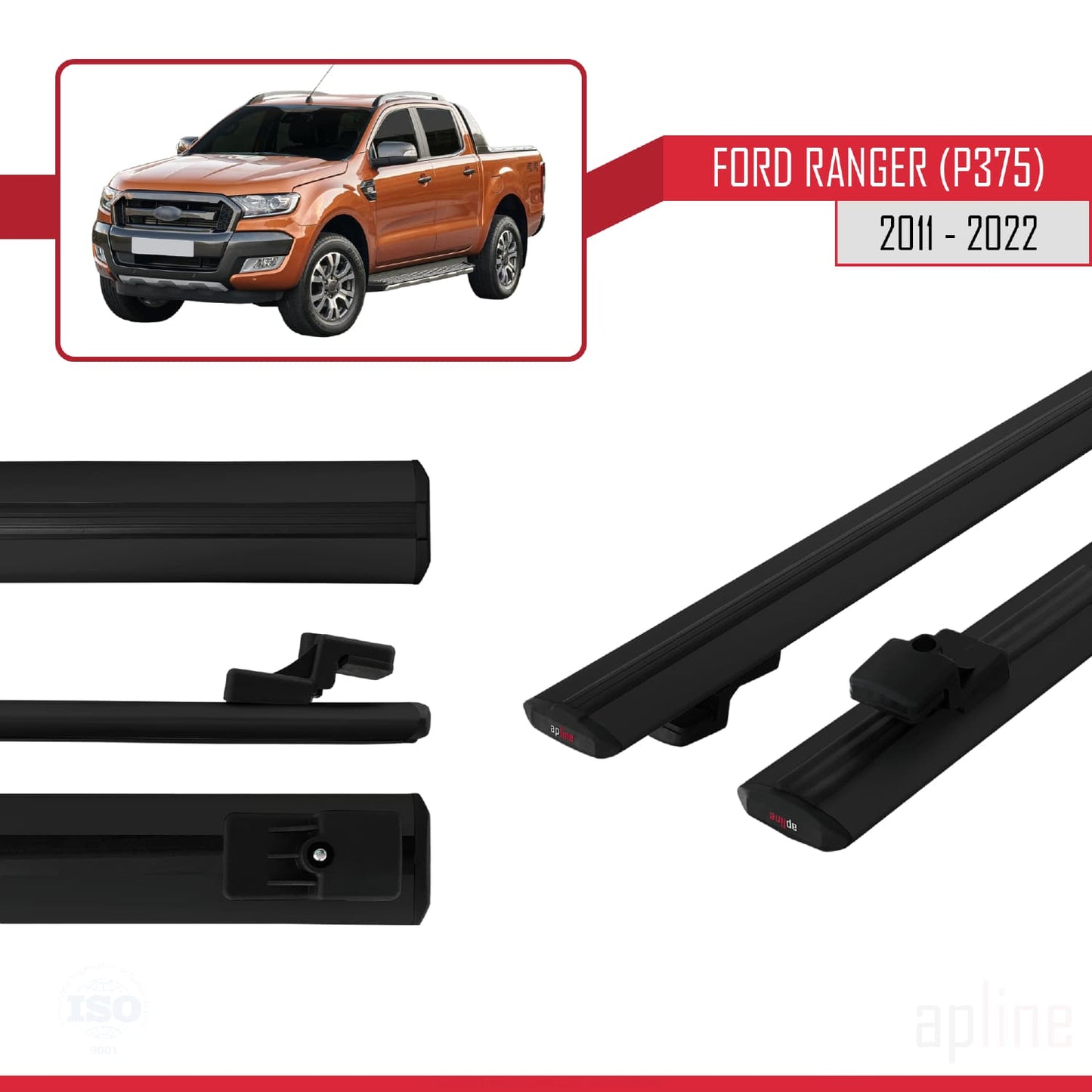 Compatible con Ford Ranger (P375) 2011-2022 BASIC Model Barras de Techo Auto Portaequipajes Barras Transversales Negro Aluminio 2 Barras